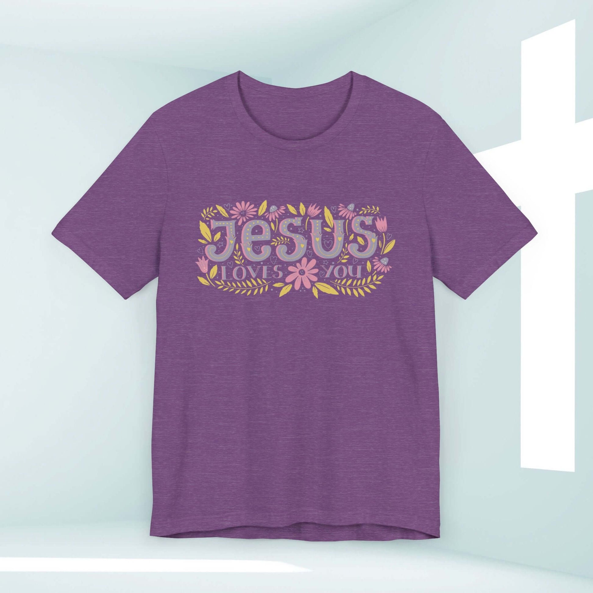 Jesus Loves You purple women's Christian t-shirt with floral design, inspirational faith apparel, perfect religious gift, Christian tee