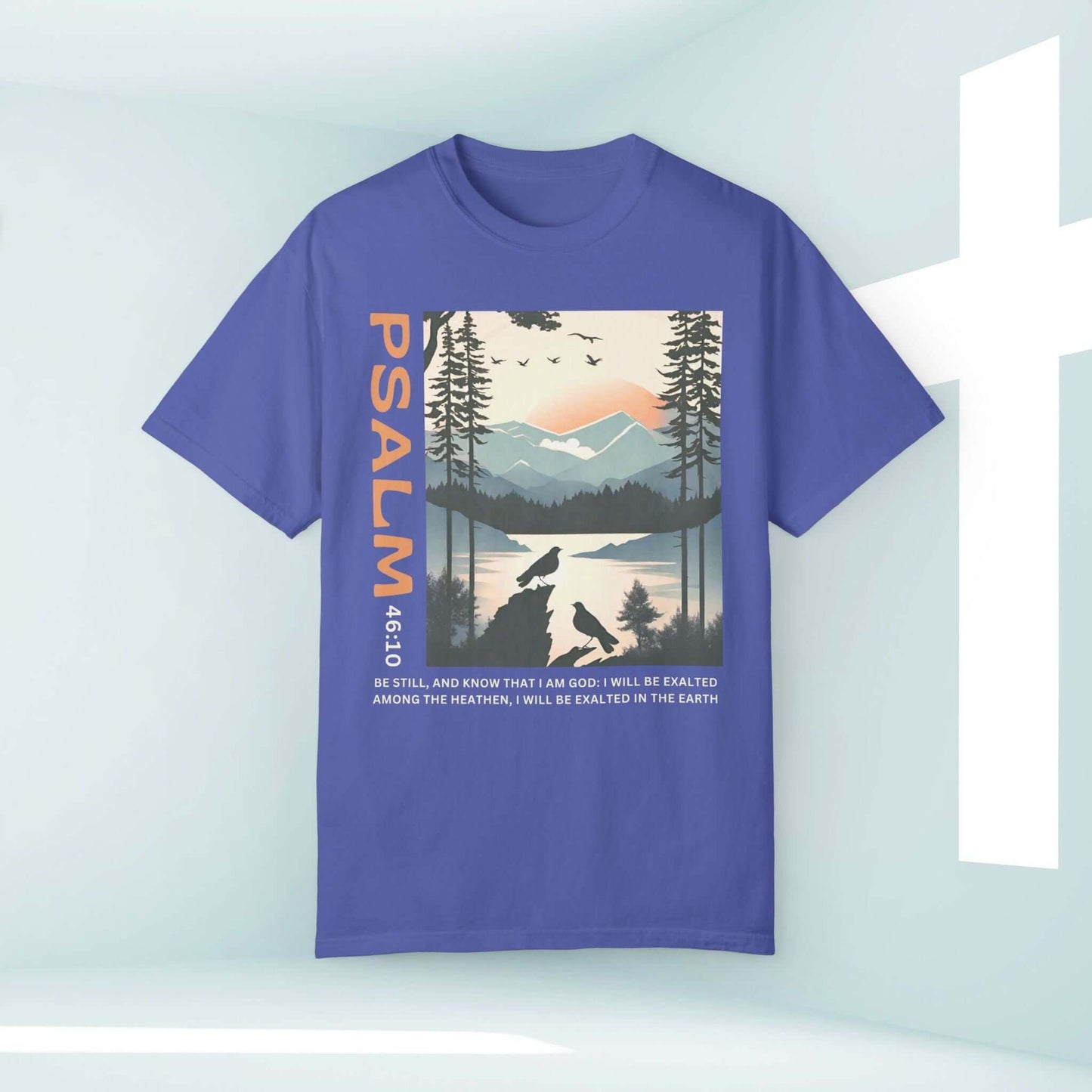 Peace Be Still birds Christian t-shirt with Psalm 46:10, featuring inspiring faith-based graphic design and scripture.