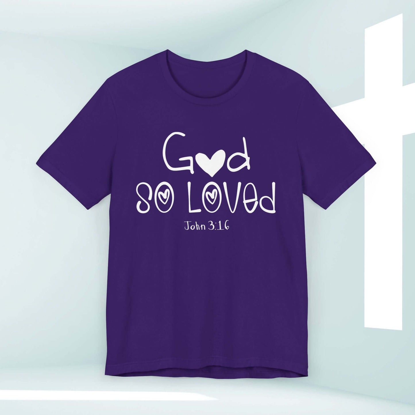 God So Loved John 3:16 Christian Faith Tee in Purple - Women's Bible Verse T-Shirt