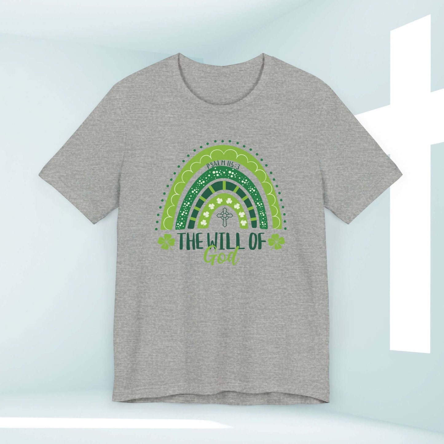 Grey St Patrick's Day shirt with green Christian shamrock rainbow design, "The Will Of God", perfect inspirational Irish clover tee.