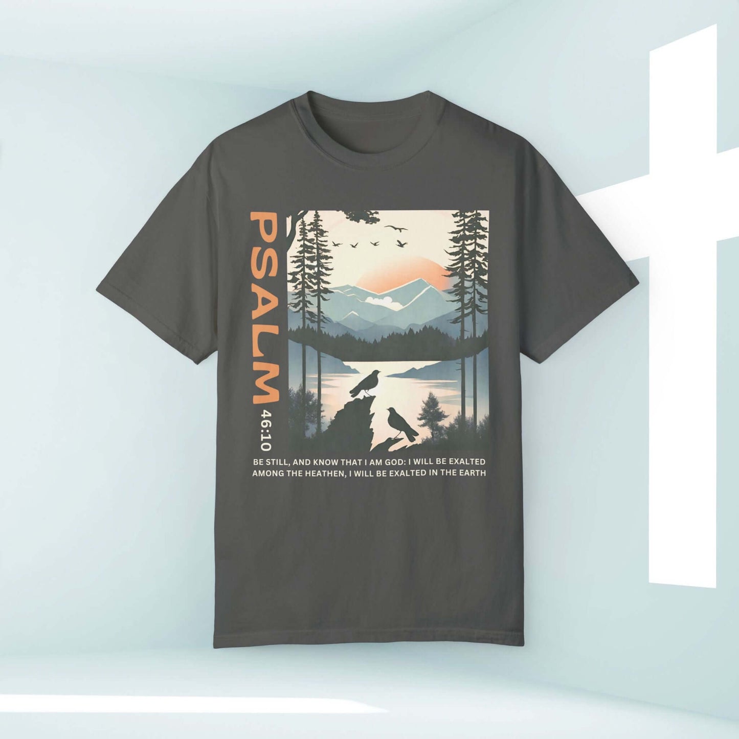 Christian t-shirt with "Peace Be Still Birds" design, featuring birds and Psalm 46:10, perfect Christian apparel and inspirational faith-based shirt.