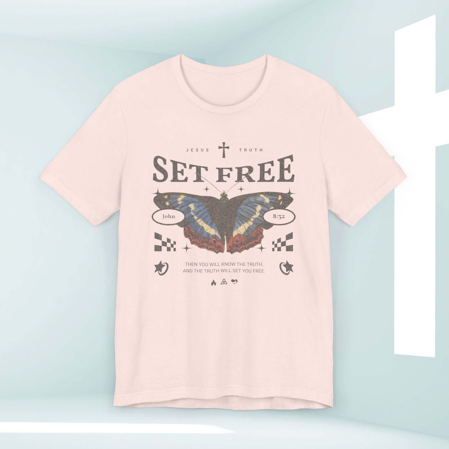 Butterfly Set Free Christian TShirt with Bible Verse Design – Perfect for Spring Christian Apparel, Boho Christian Shirts, and Church Activities