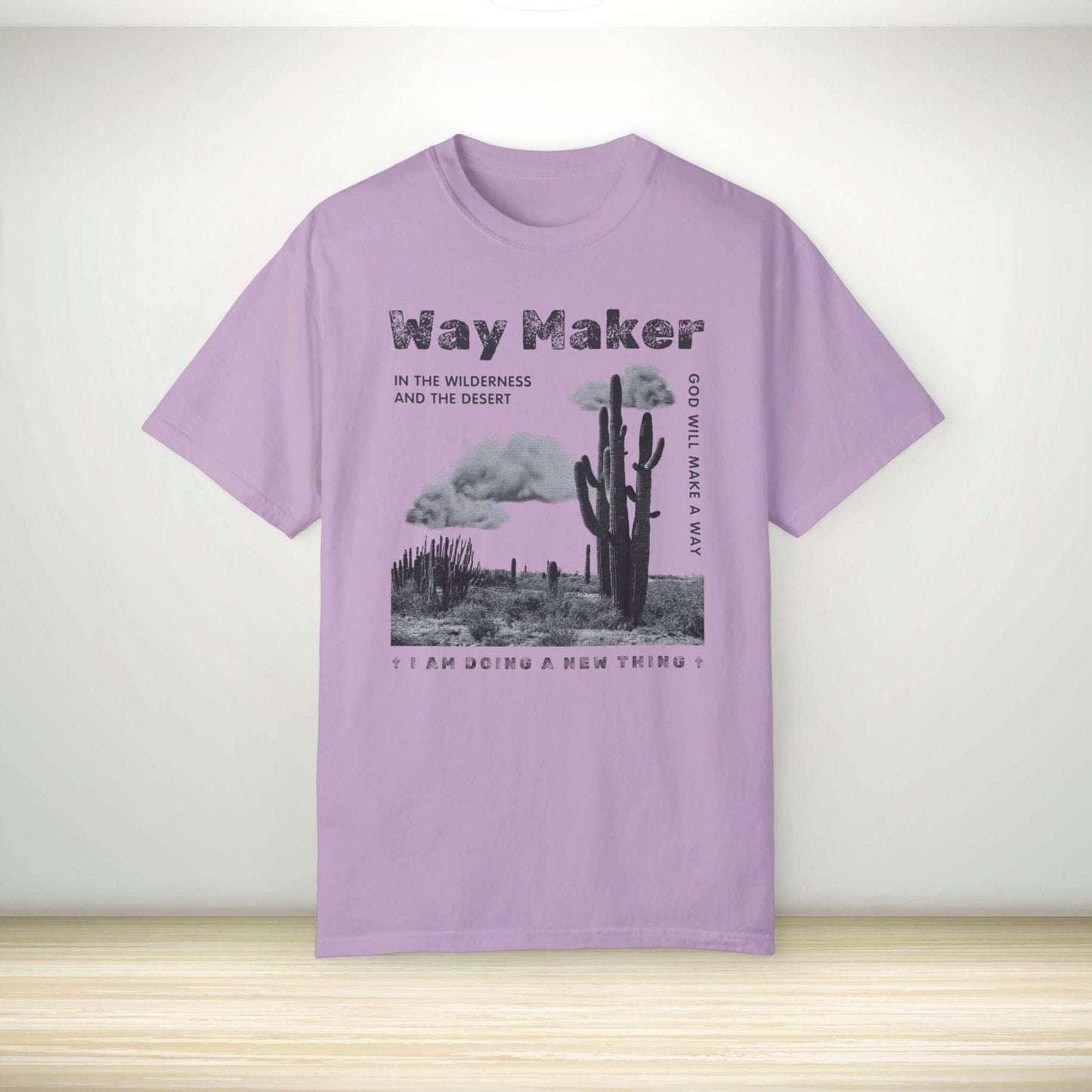 Boho Way Maker Christian T-shirt in lavender with cactus design, featuring inspirational Bible verse. Perfect faith and worship shirt.