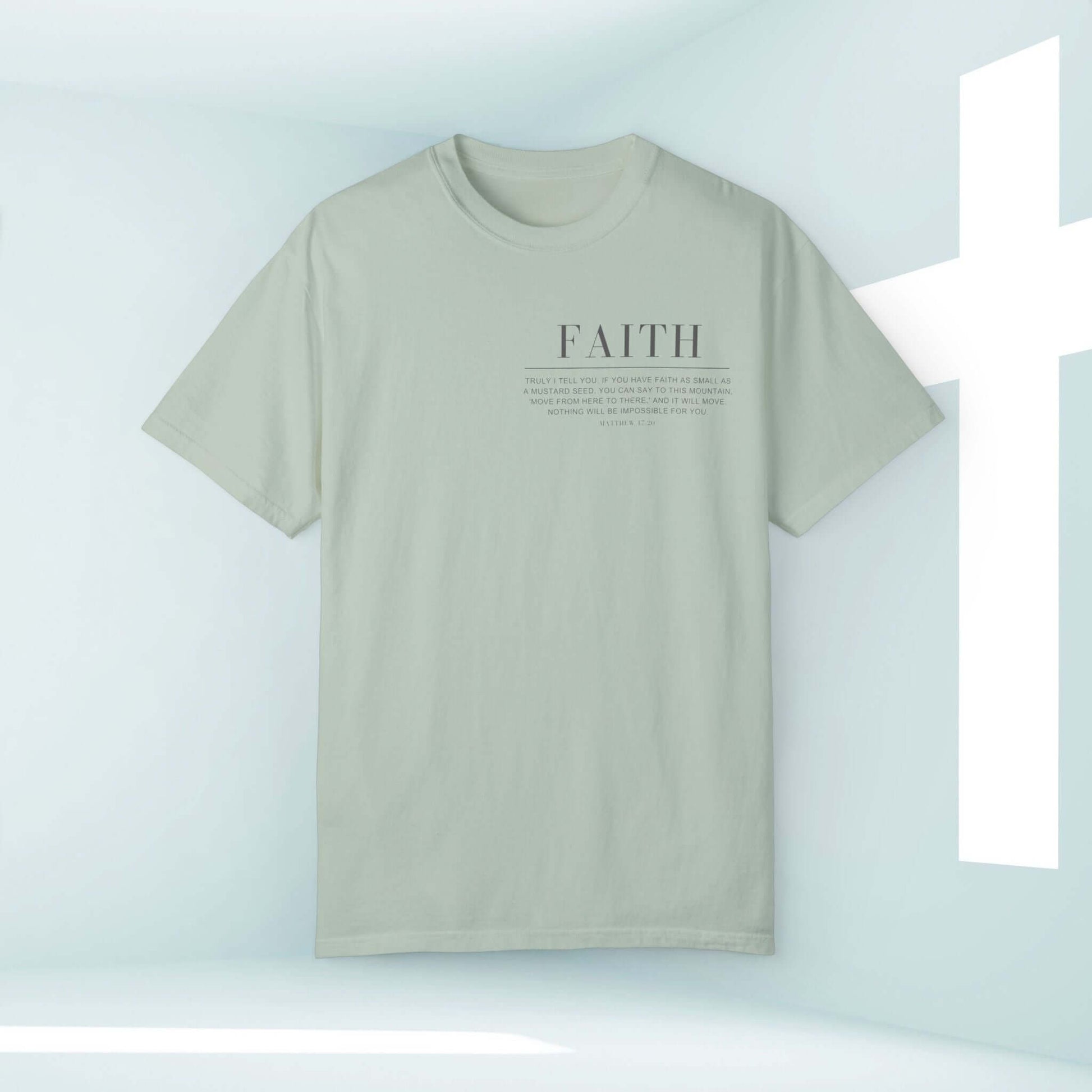 Faith Can Move Mountains Christian Shirt - Faith-Based Bible Verse Tee in Light Gray - Inspirational Christian Clothing