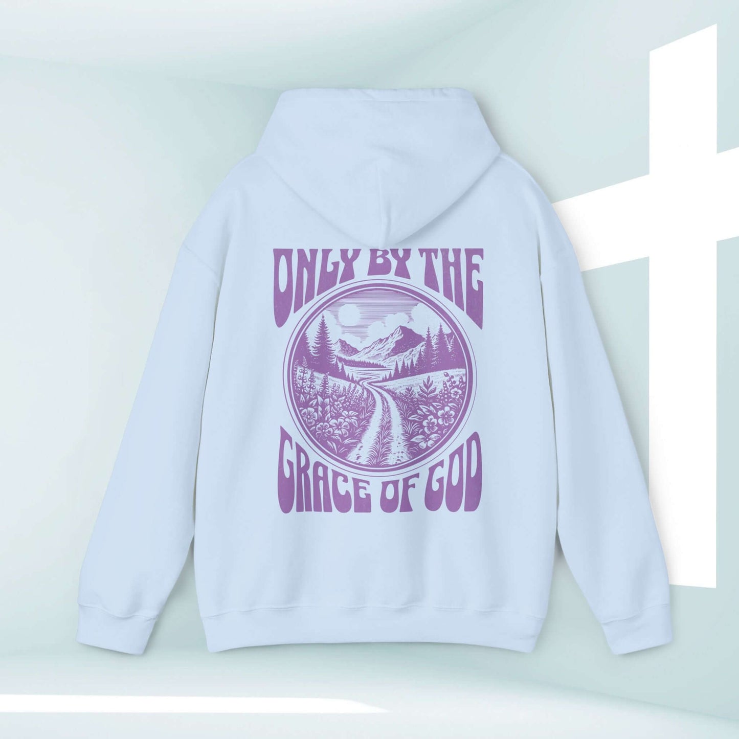 Only By The Grace Of God Christian hoodie with Bible verse graphic and an uplifting religious design on a light blue hooded sweatshirt.