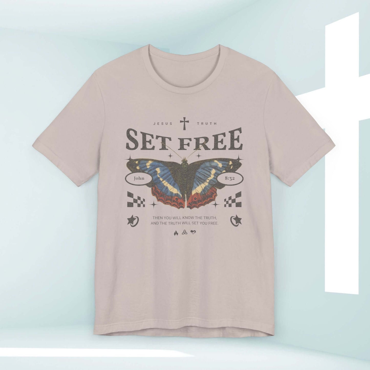 Butterfly Set Free Christian TShirt with Bible Verse - Faith, Christian Apparel, Religious Tee for Church and Prayer