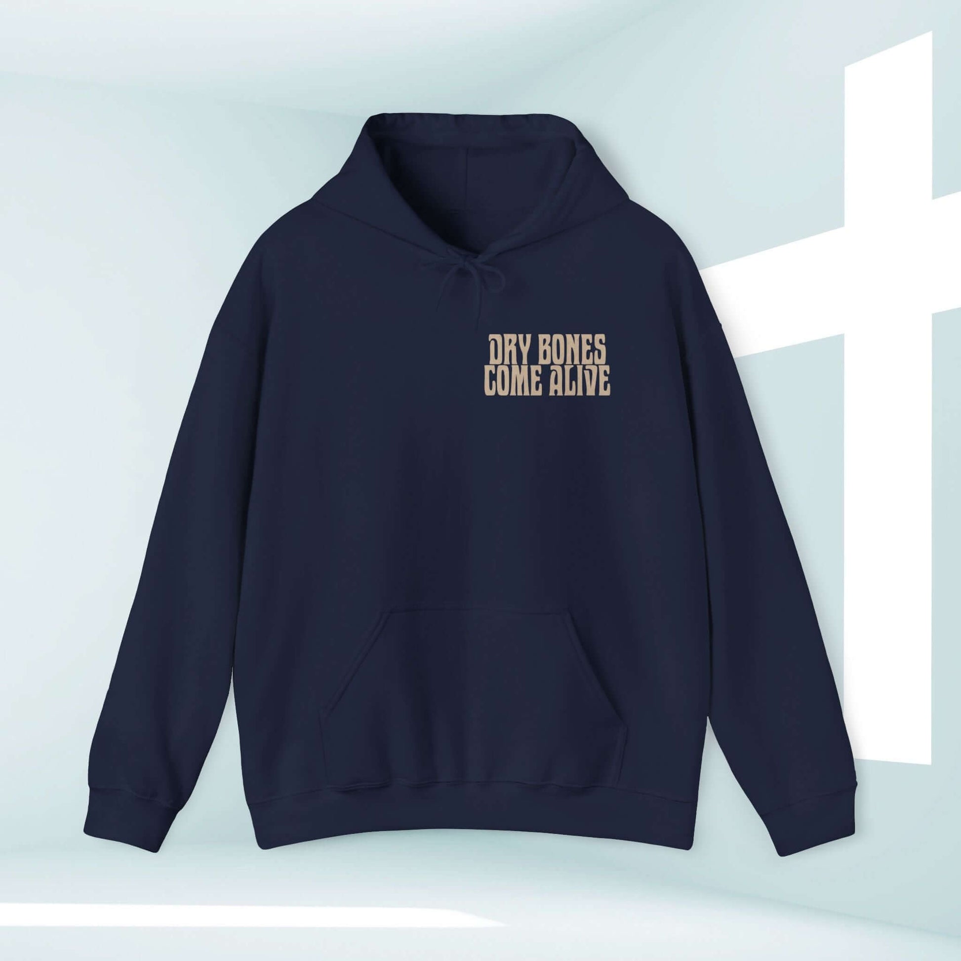 Christian Halloween hoodie with "Dry Bones Come Alive" text, navy blue, inspired by Ezekiel 37. Perfect faith-themed Halloween apparel.