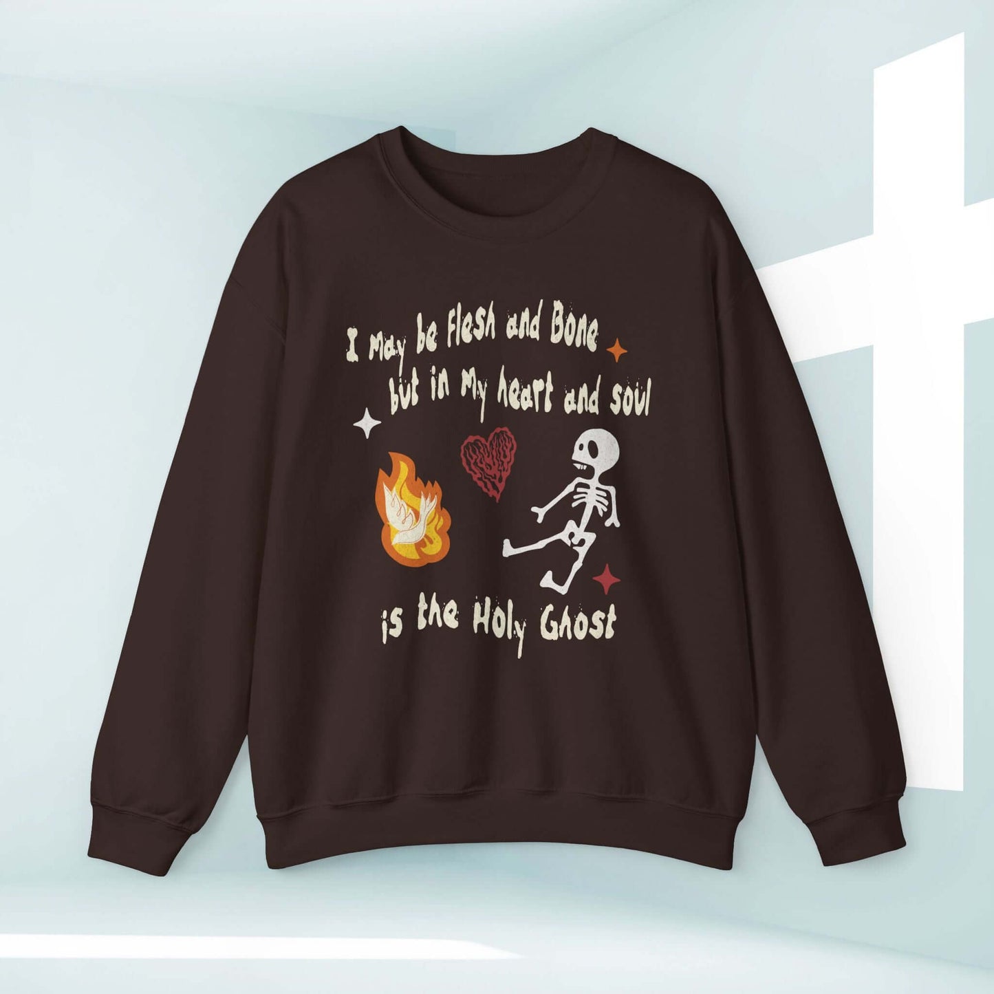 Christian Halloween sweatshirt with dancing skeleton and "Holy Ghost" Bible verse, perfect for faith-inspired Halloween gifts.