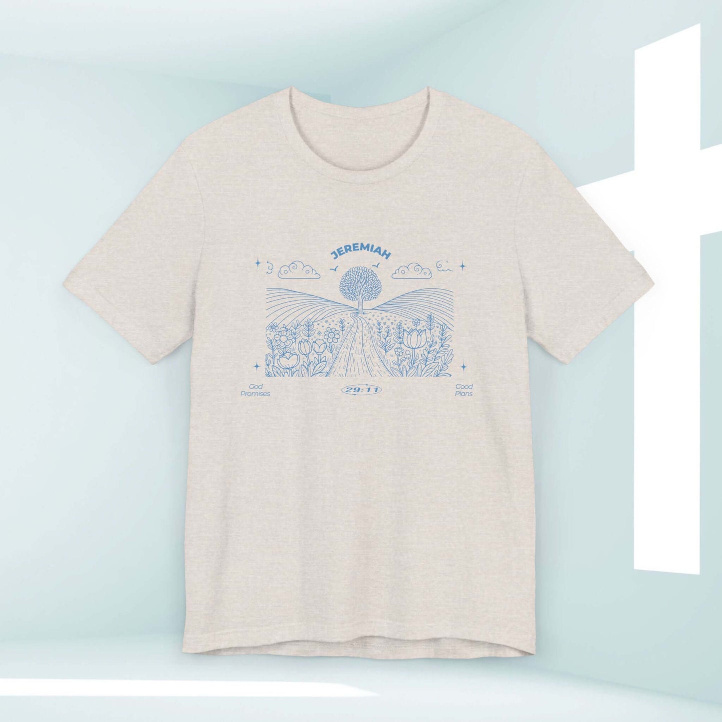 Christian T-shirt with "For I Know The Plans" Bible verse, nature and camping design, showcasing inspirational religious and mountain theme.