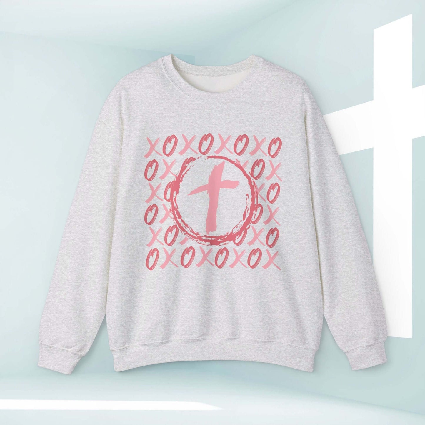 Christian wedding love sweatshirt with XOXO heart cross design, perfect for Valentine's Day, anniversaries, and faith-based occasions.