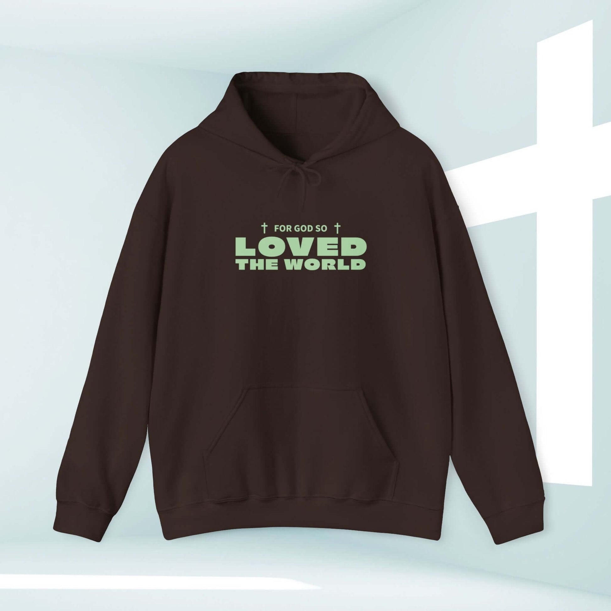 Trendy John 3:16 Christian hoodie with "For God So Loved The World" message, unisex, cozy cotton-polyester blend, faith-based apparel