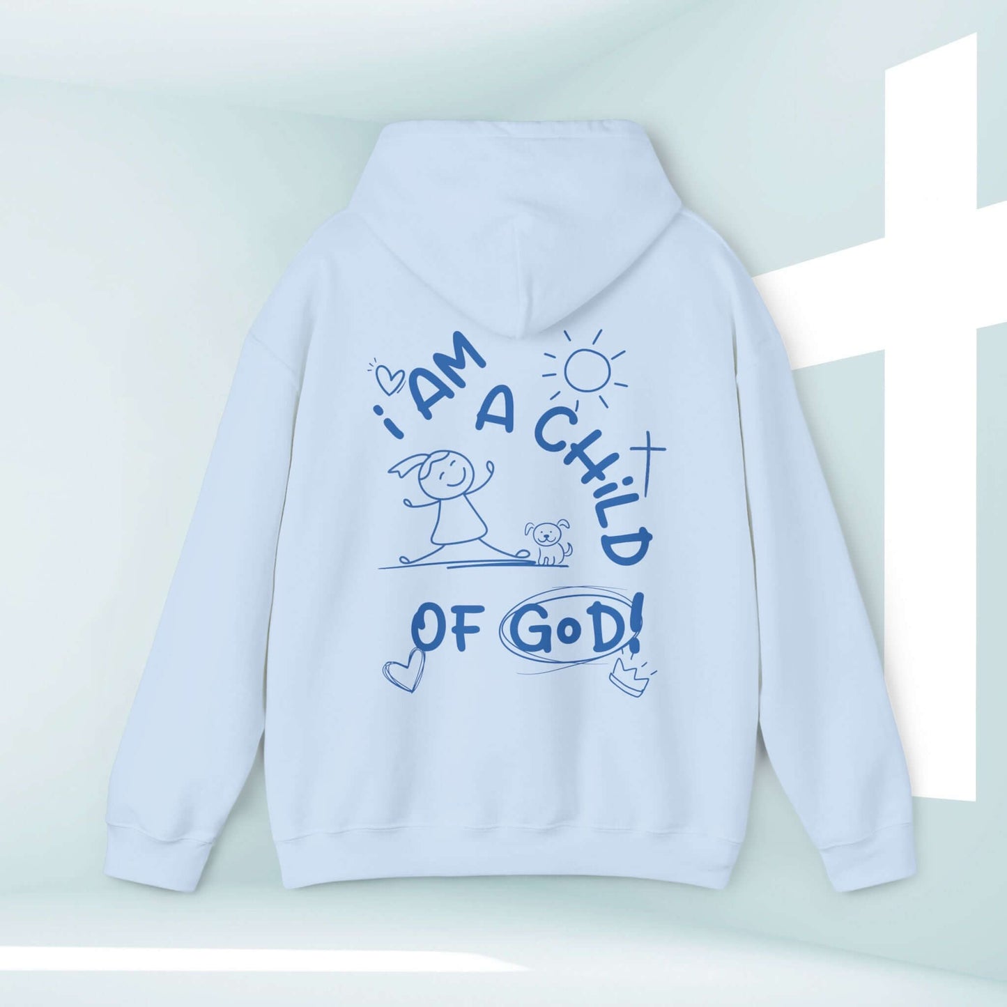 I Am A Child Of God Christian Hoodie with Dog Graphic for Women, Faith-Inspired Hooded Sweatshirt, Light Blue, Comfortable and Stylish Christian Apparel