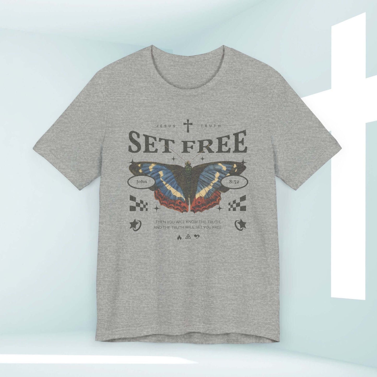 Gray "Set Free" Christian T-shirt with butterfly design and Bible verse, religious apparel for faith and comfort.