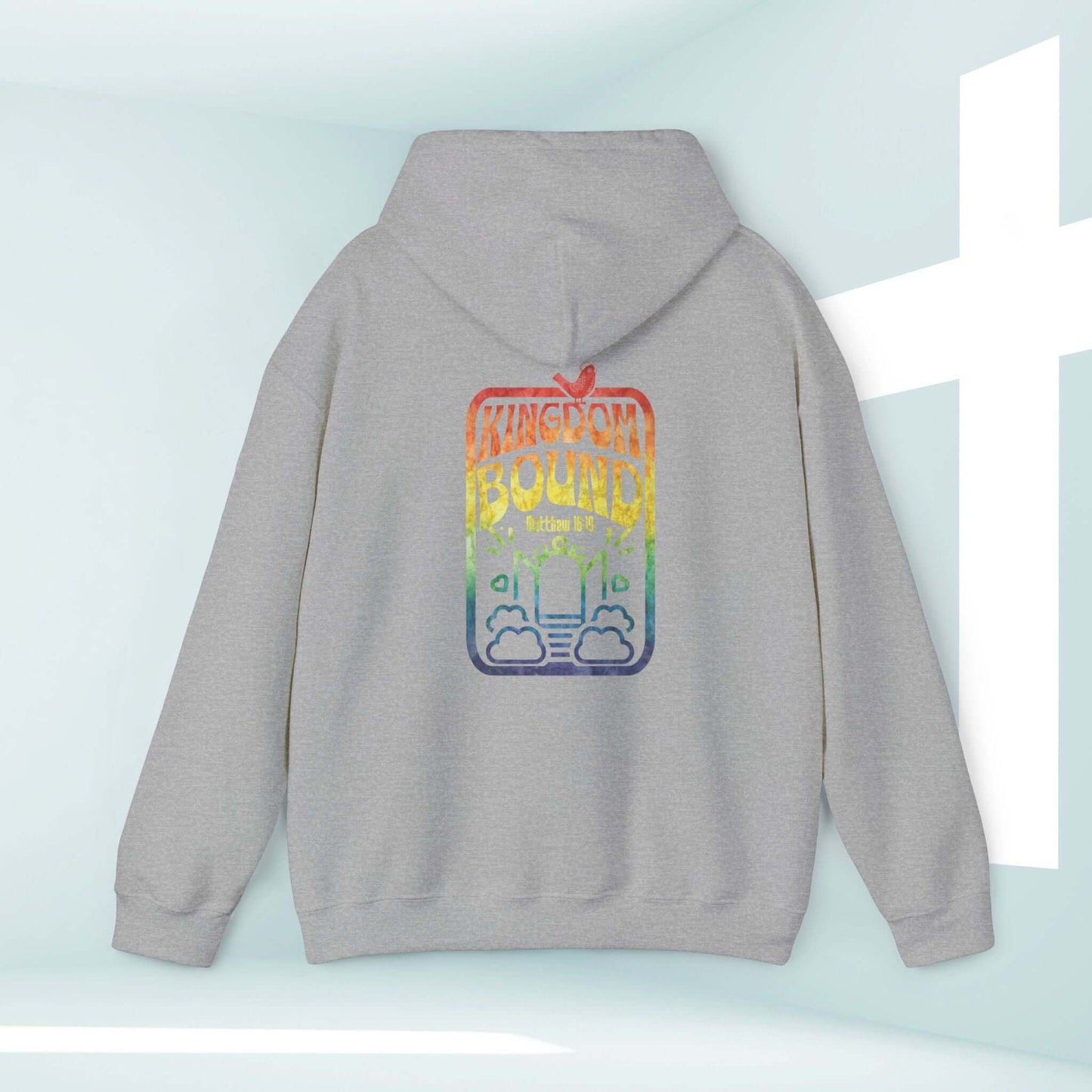 Kingdom Bound faith-based boho Christian hoodie with Bible verse print in retro style, perfect for religious concerts and inspirational apparel.