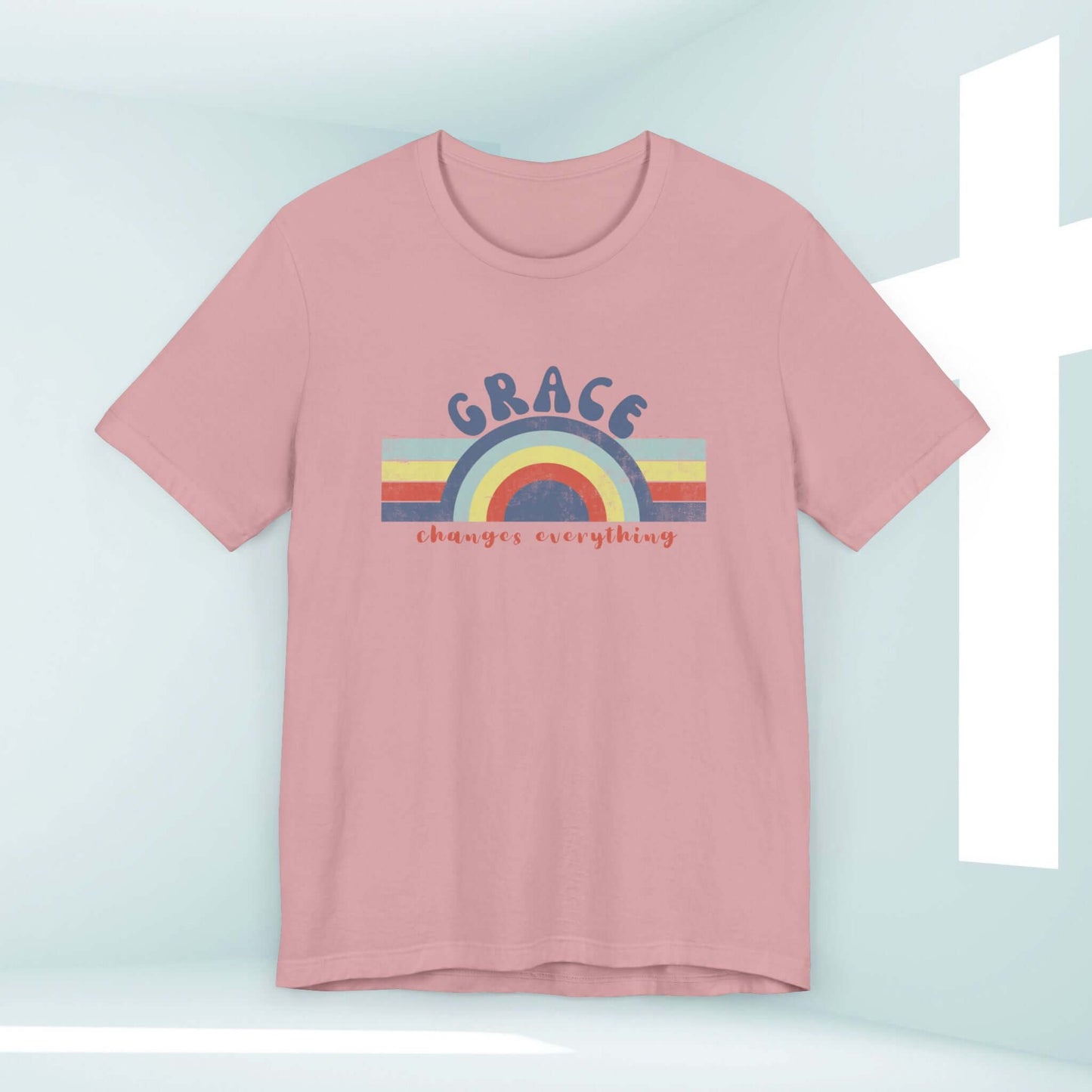 Retro Grace Changes Everything Women's Christian T-Shirt with faith-based graphic in pink, inspirational tee, Christian clothing for women.