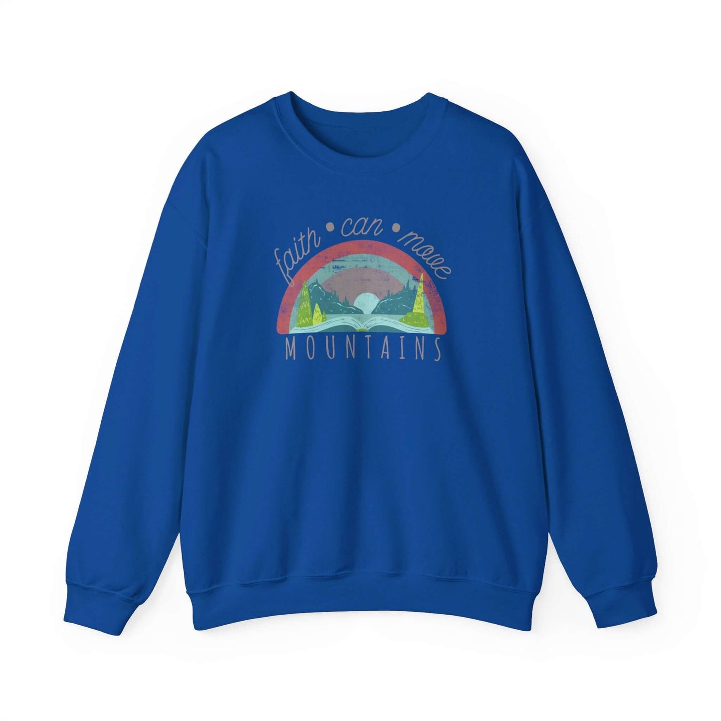 Faith Can Move Mountains Christian crewneck sweatshirt in blue with Bible verse design. Comfortable and inspirational faith apparel.