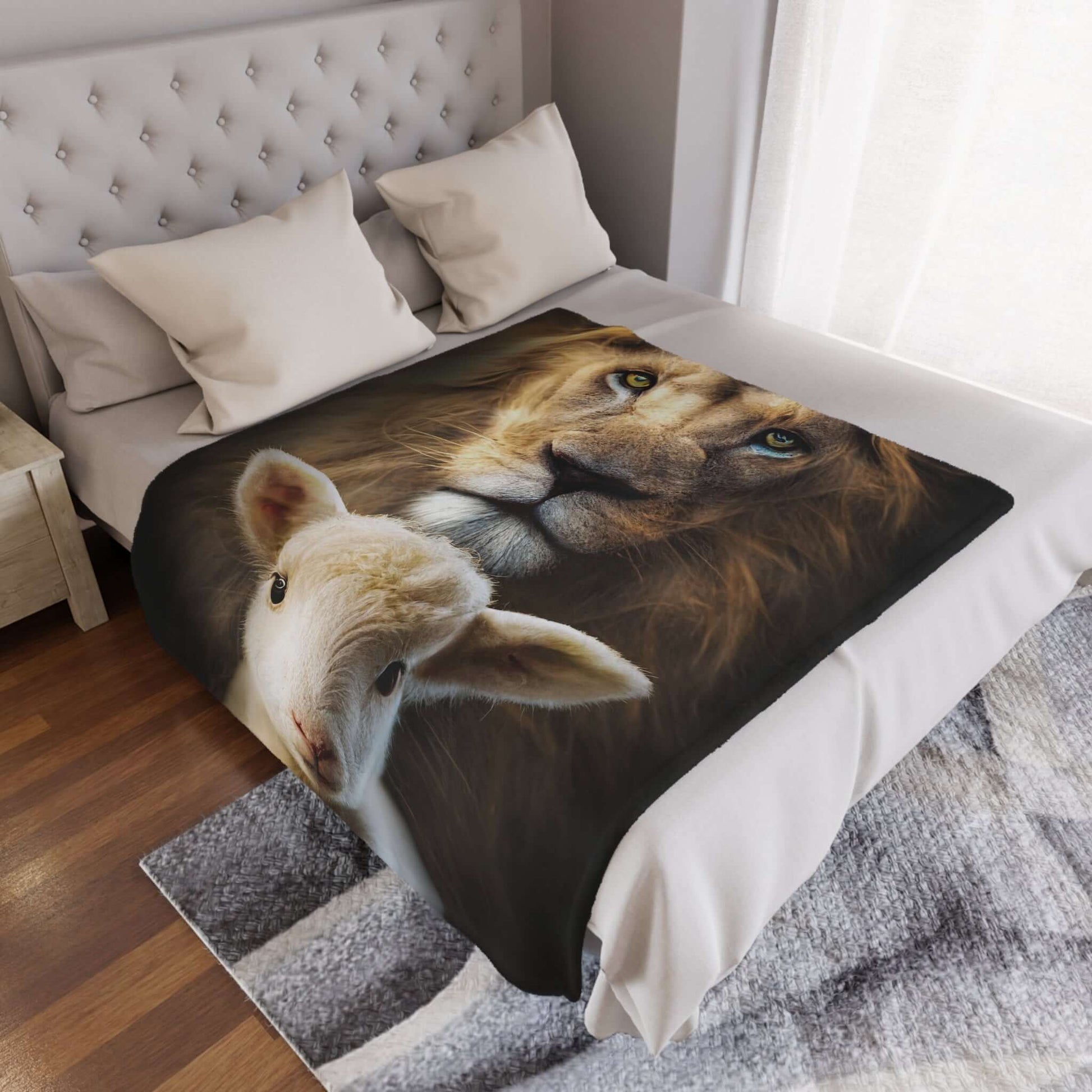 Christian Lion of Judah and Lamb of God fleece throw blanket on bed, elegant religious home decor, cozy and luxurious Christian bedding.