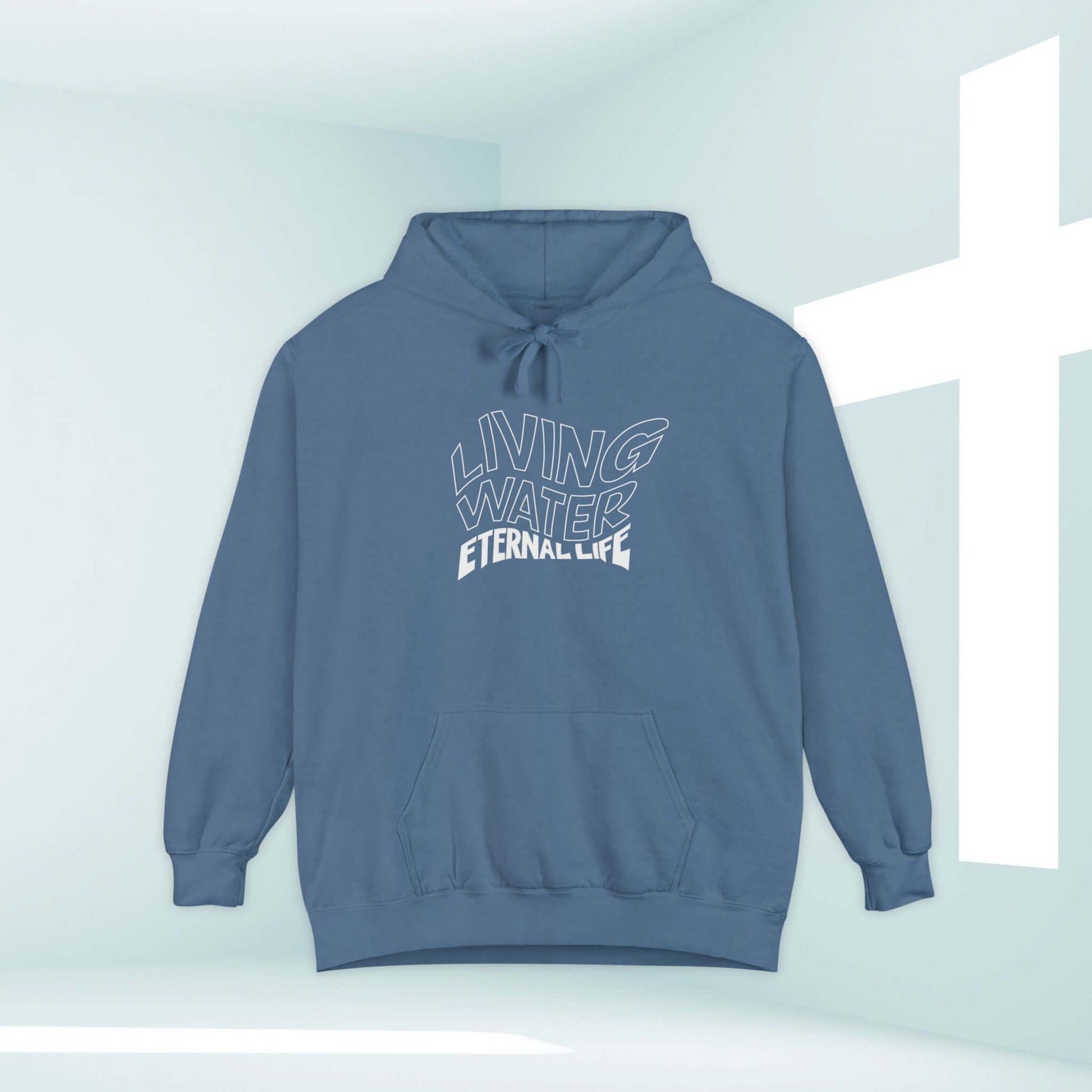 Blue Living Water Eternal Life Christian Hoodie with Bible Verse Design in a Faith-Inspired Setting