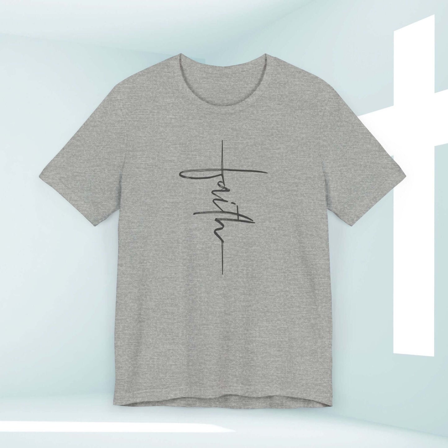 Grey Faith Cross Women's Christian T-Shirt with Bible Verse; perfect faith-based shirt for inspirational gifts and Christian clothing enthusiasts.