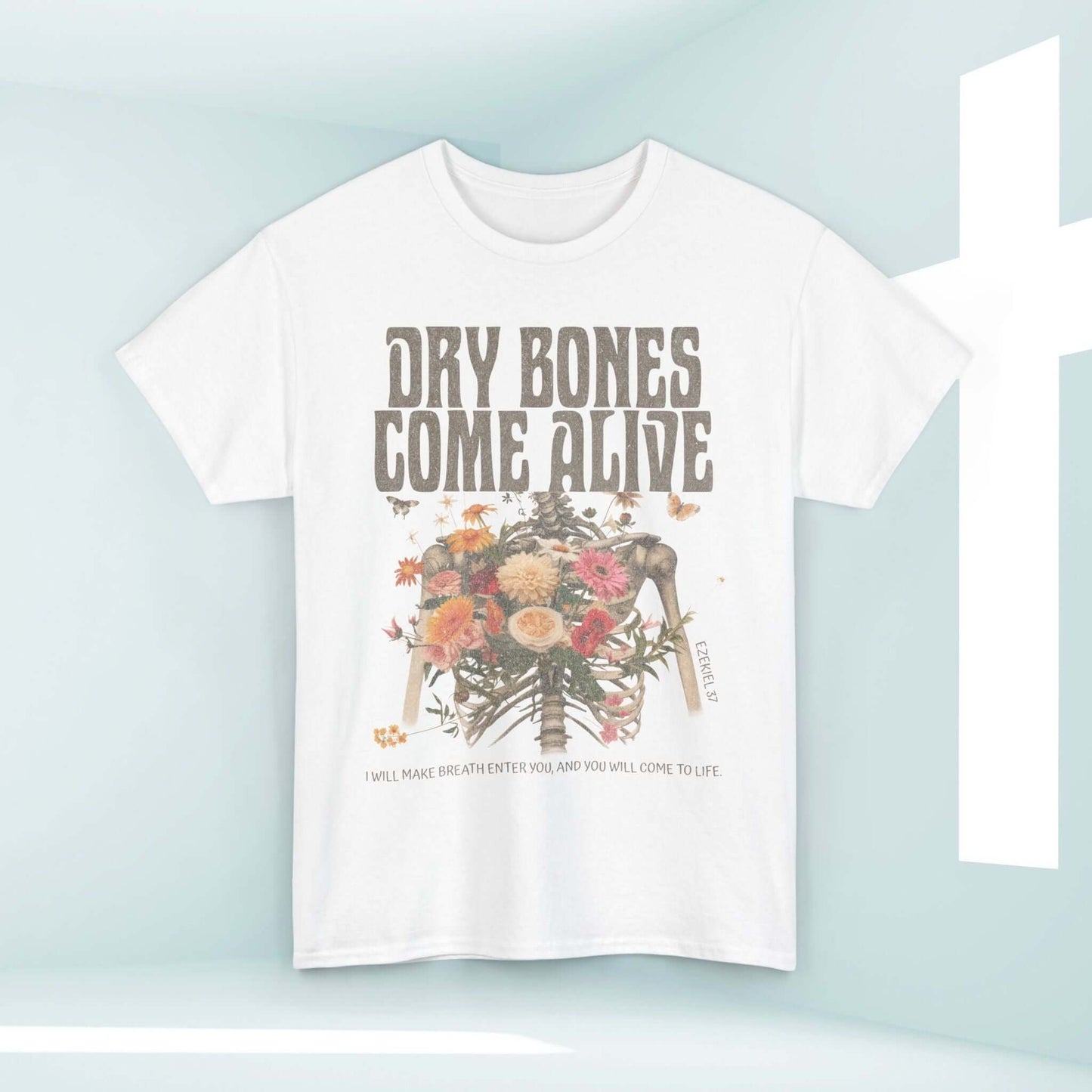 Christian Halloween shirt with "Dry Bones Come Alive" text and floral skeleton design, perfect Halloween scripture-inspired tee.