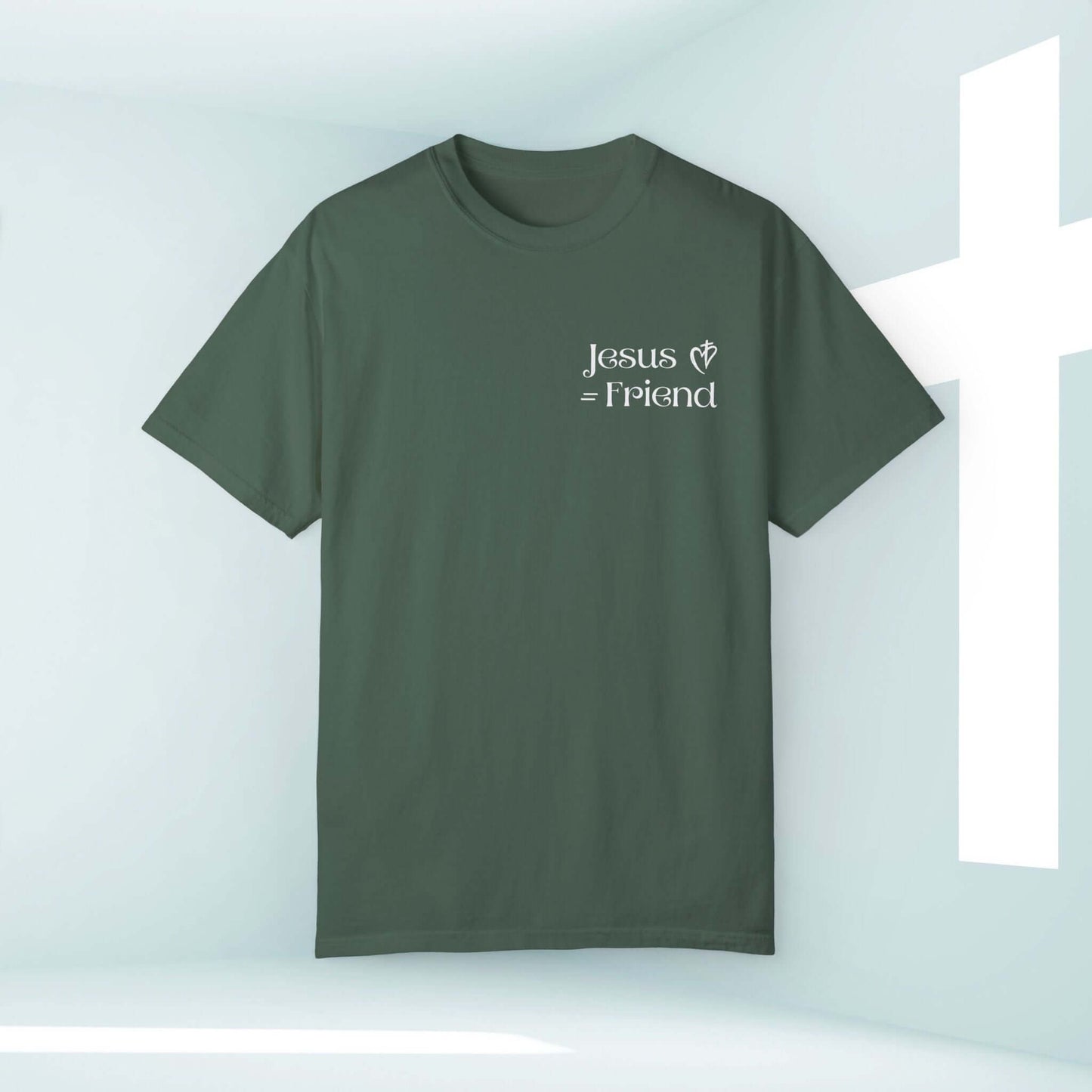 I Found A Friend In Jesus Christian t-shirt with white print on green background, faith-based apparel by cross symbol