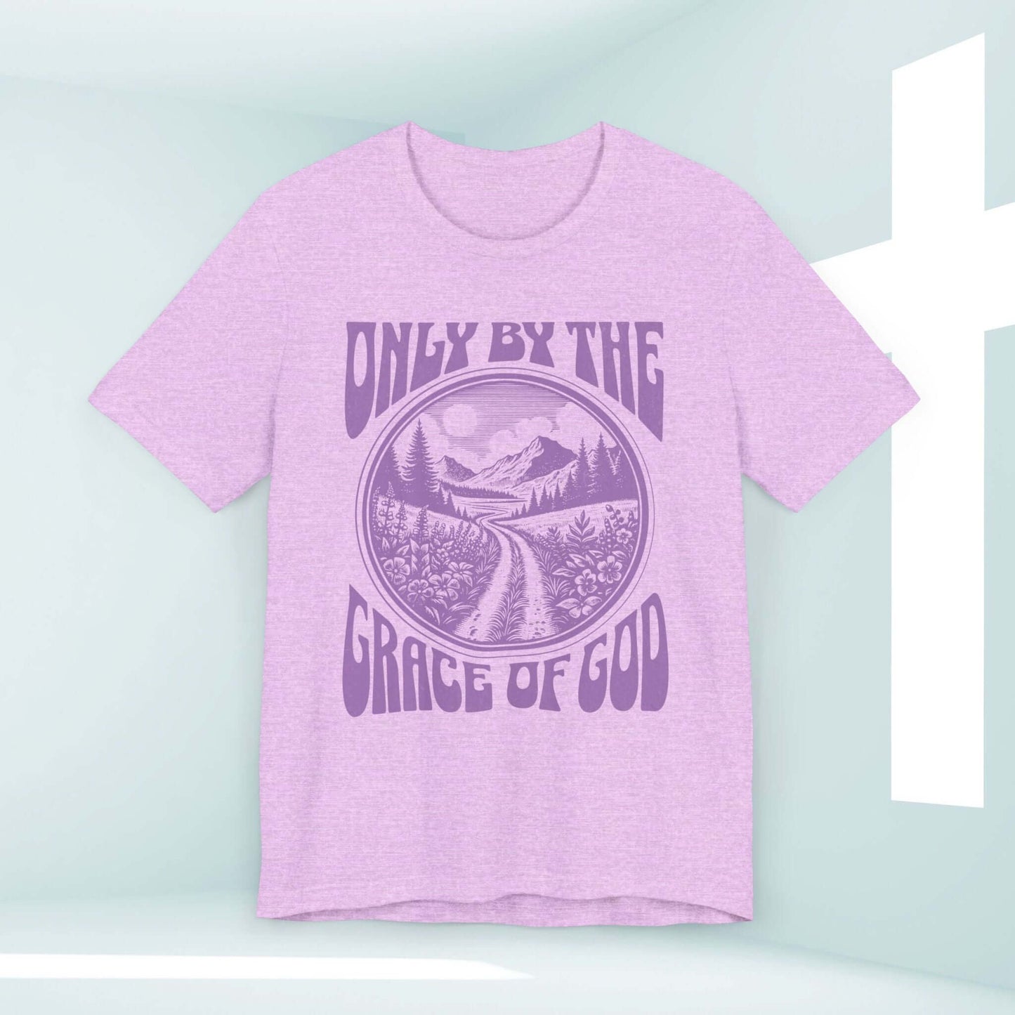 "Only By The Grace Of God inspirational Christian t-shirt in light purple with scenic design of mountains and path"