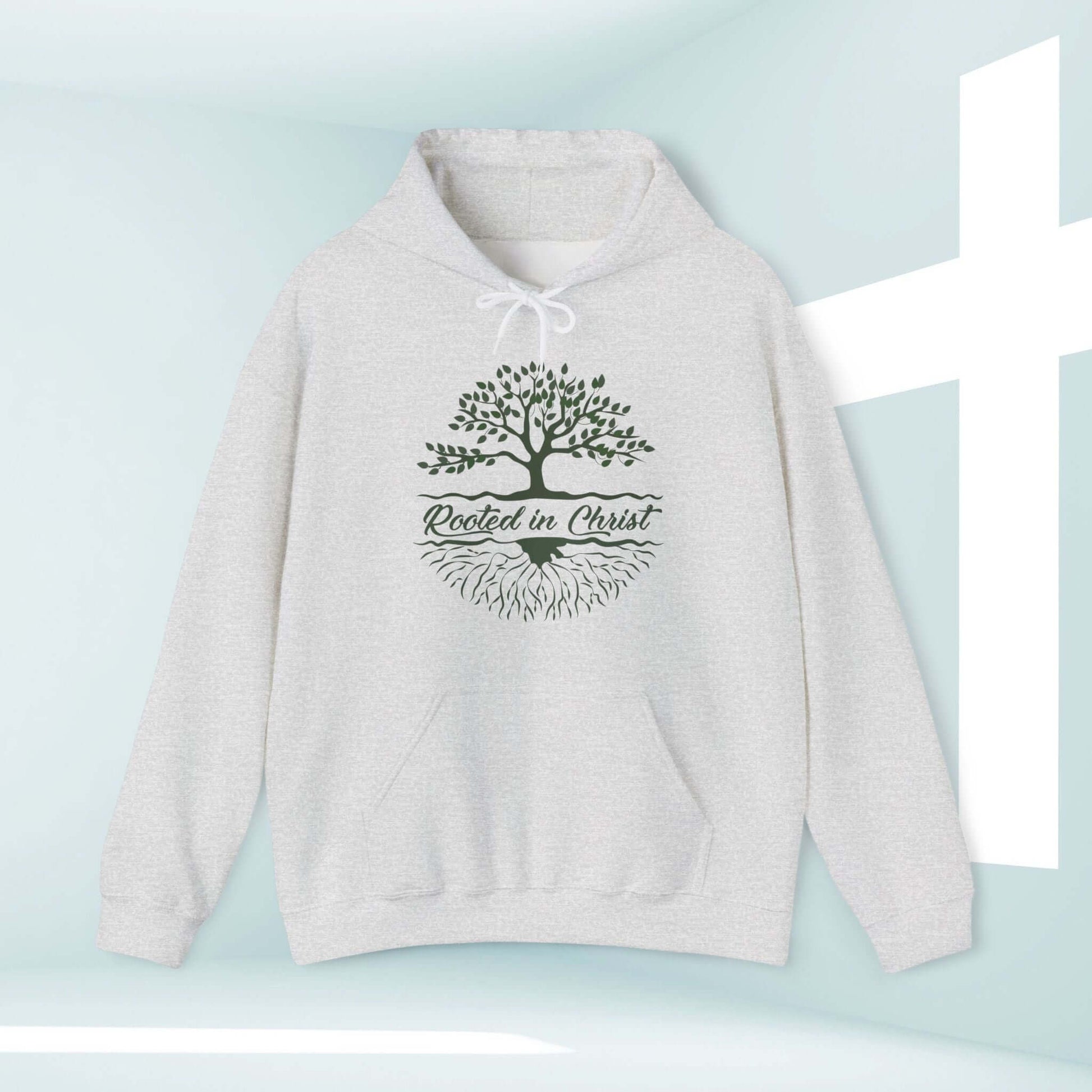 Rooted In Christ Men's Christian Hoodie with Tree Design - Perfect Christian Gift for Dad, Camping, and Outdoor Activities