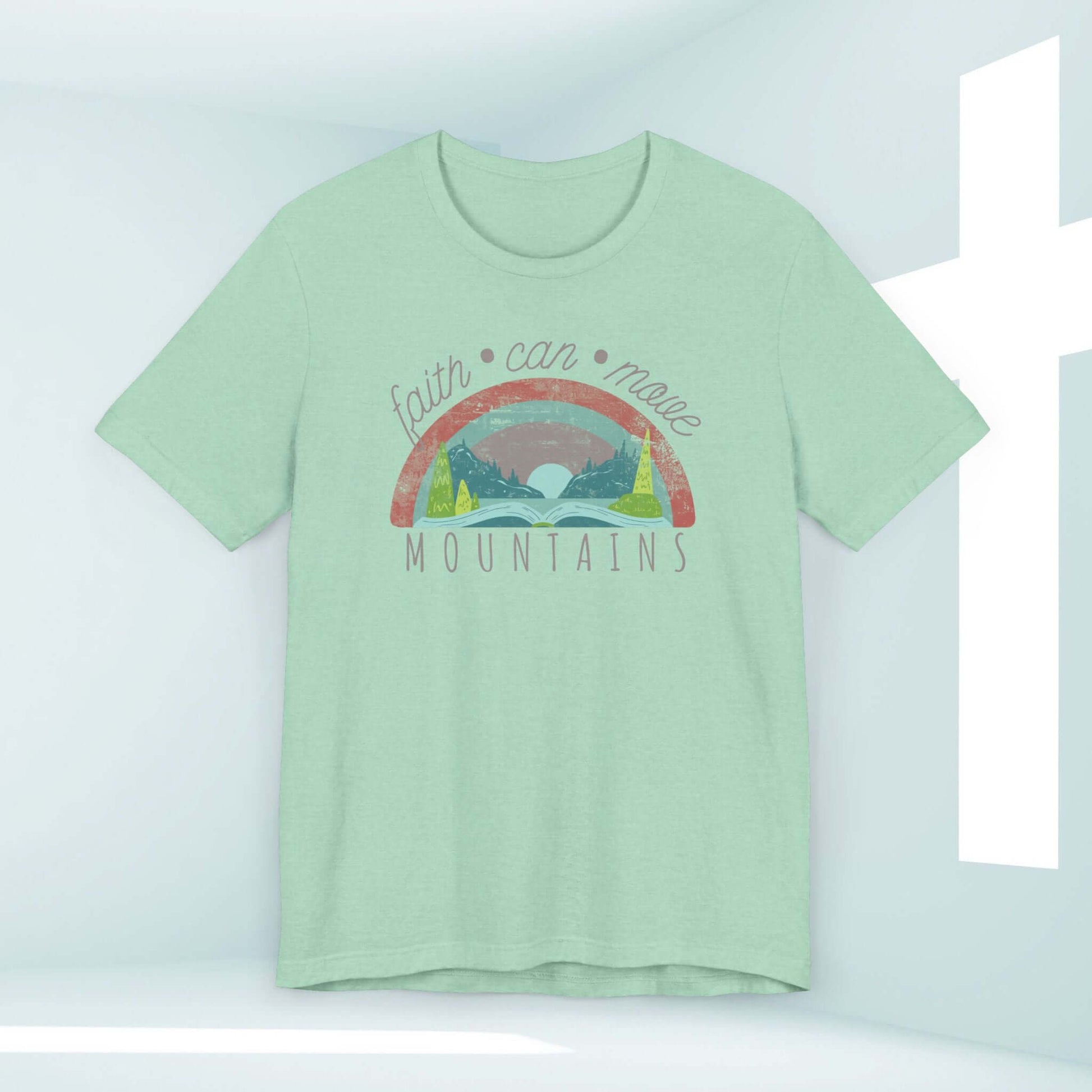 Faith Can Move Mountains Women's Christian Rainbow T-Shirt with Bible verse design