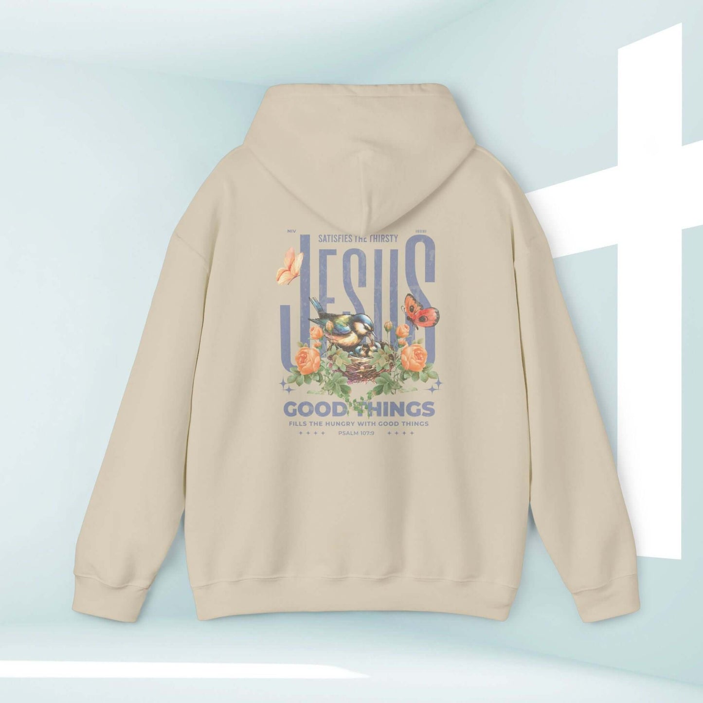 Bird Butterfly Christian Hoodie with floral design and Jesus Good Things Psalm print. Perfect Mother's Day gift, stylish religious sweatshirt.