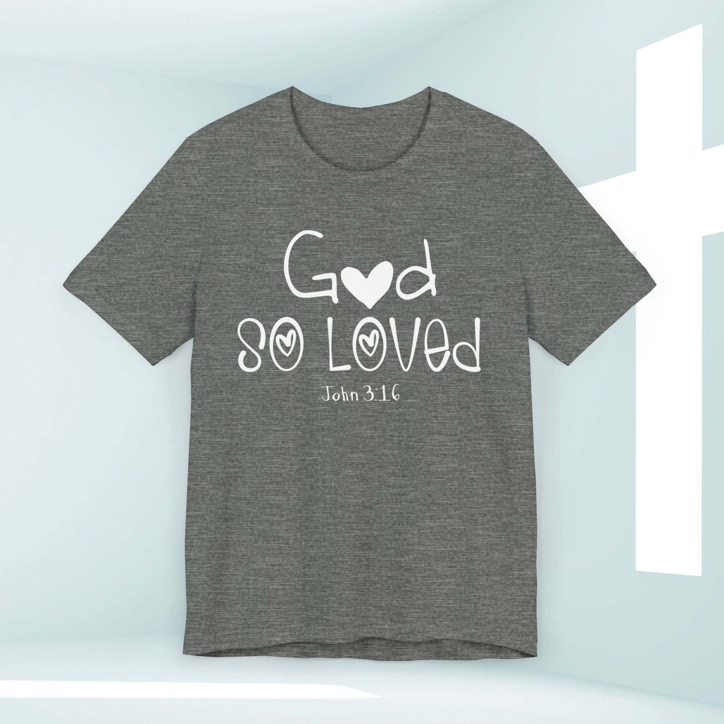 Gray God So Loved John 3:16 shirt, Christian faith-inspired t-shirt, women's graphic tee, featuring a Bible verse design.