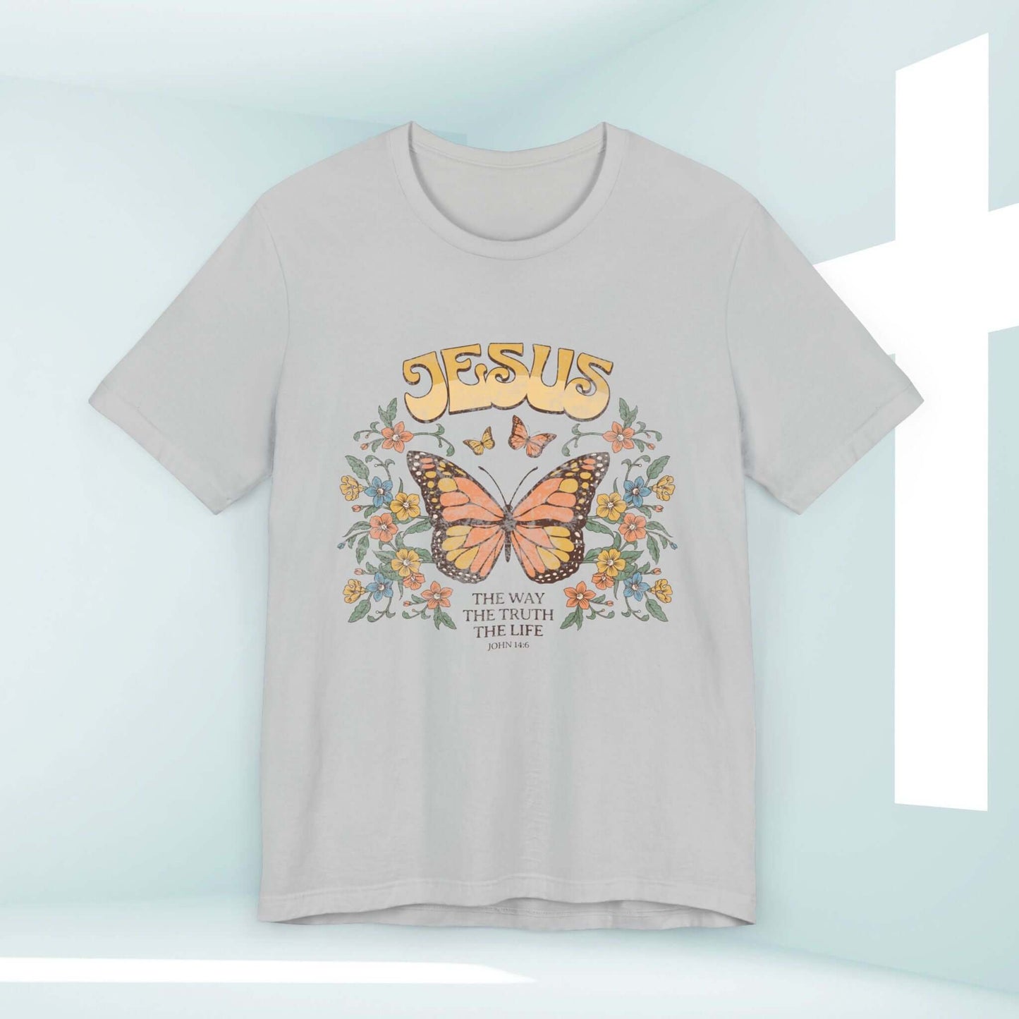 Jesus The Way The Truth The Life butterfly Christian t-shirt with floral design in light color, inspirational faith-based apparel for women.