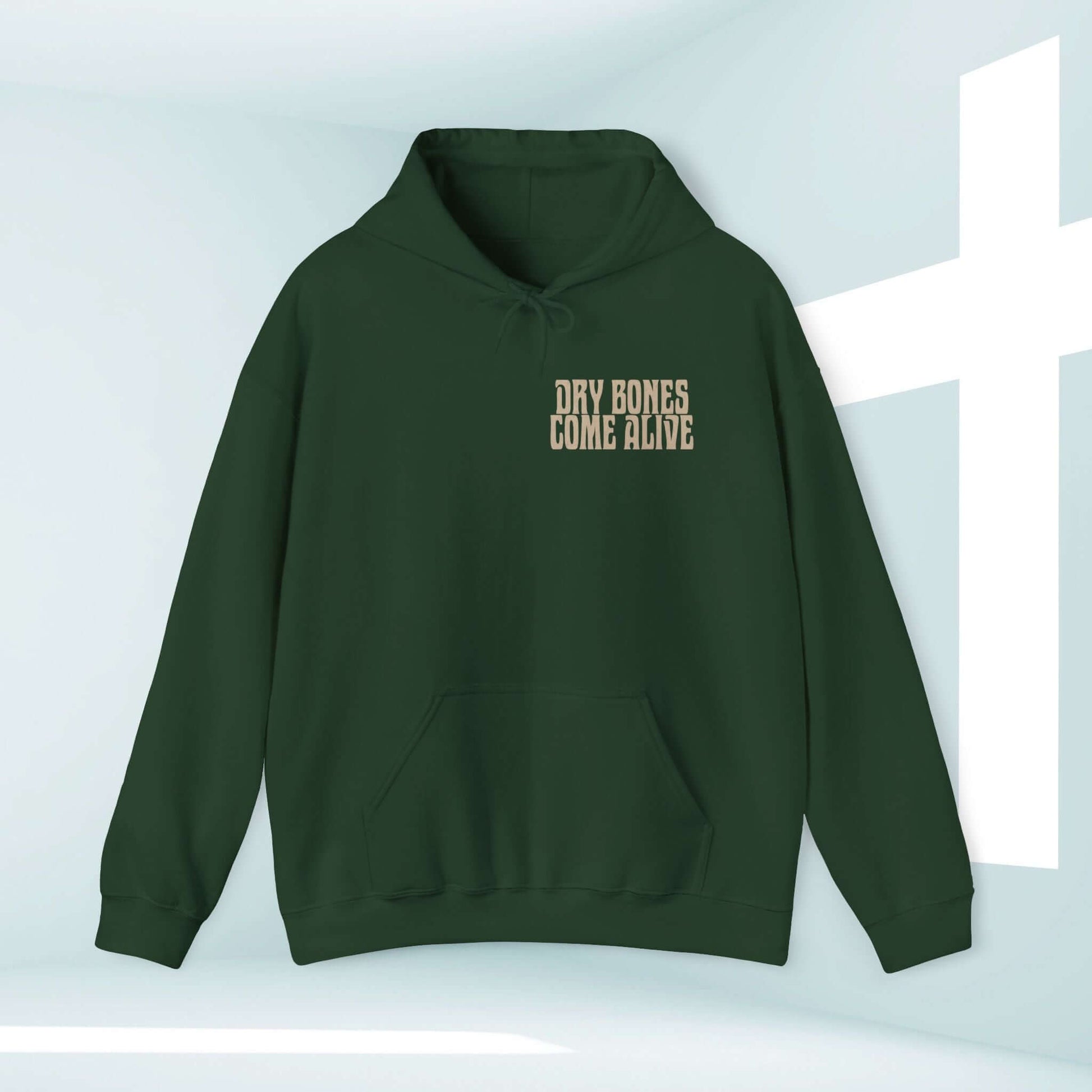 Christian Halloween hoodie with "Dry Bones Come Alive" text, green hooded sweatshirt for Halloween faith and testimony sharing.