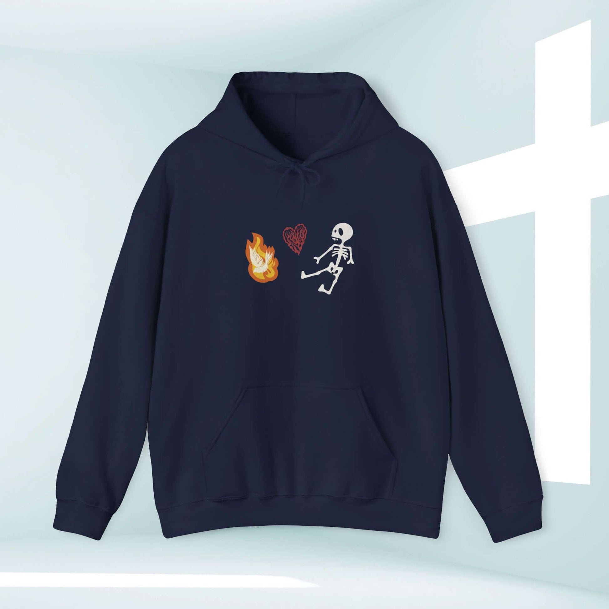 Christian Halloween hoodie with skeleton, heart, and flame graphics, perfect Halloween gift, scripture faith sweatshirt, navy blue design.