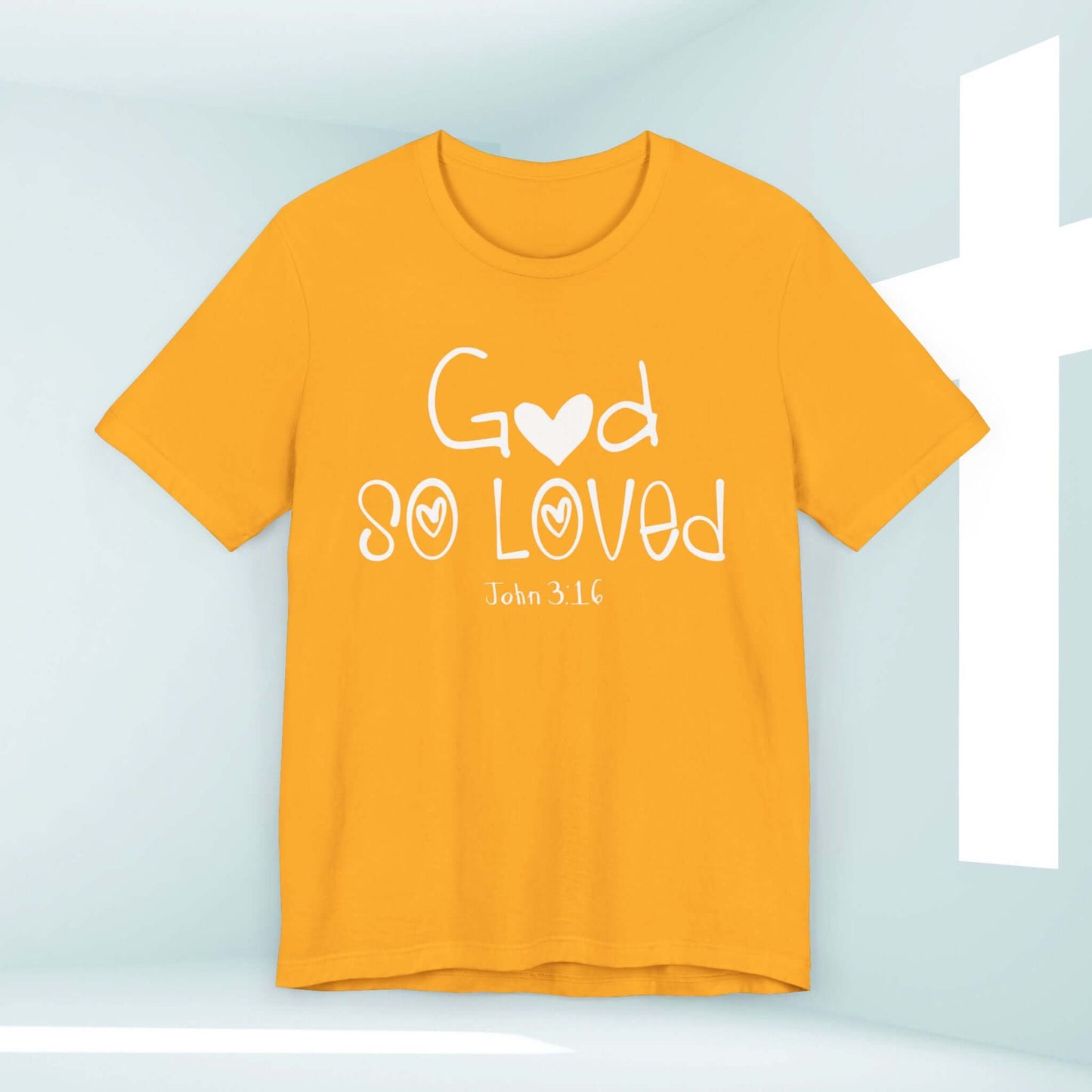 God So Loved Shirt, John 3:16 Christian Faith Tee in vibrant yellow with uplifting Bible verse.