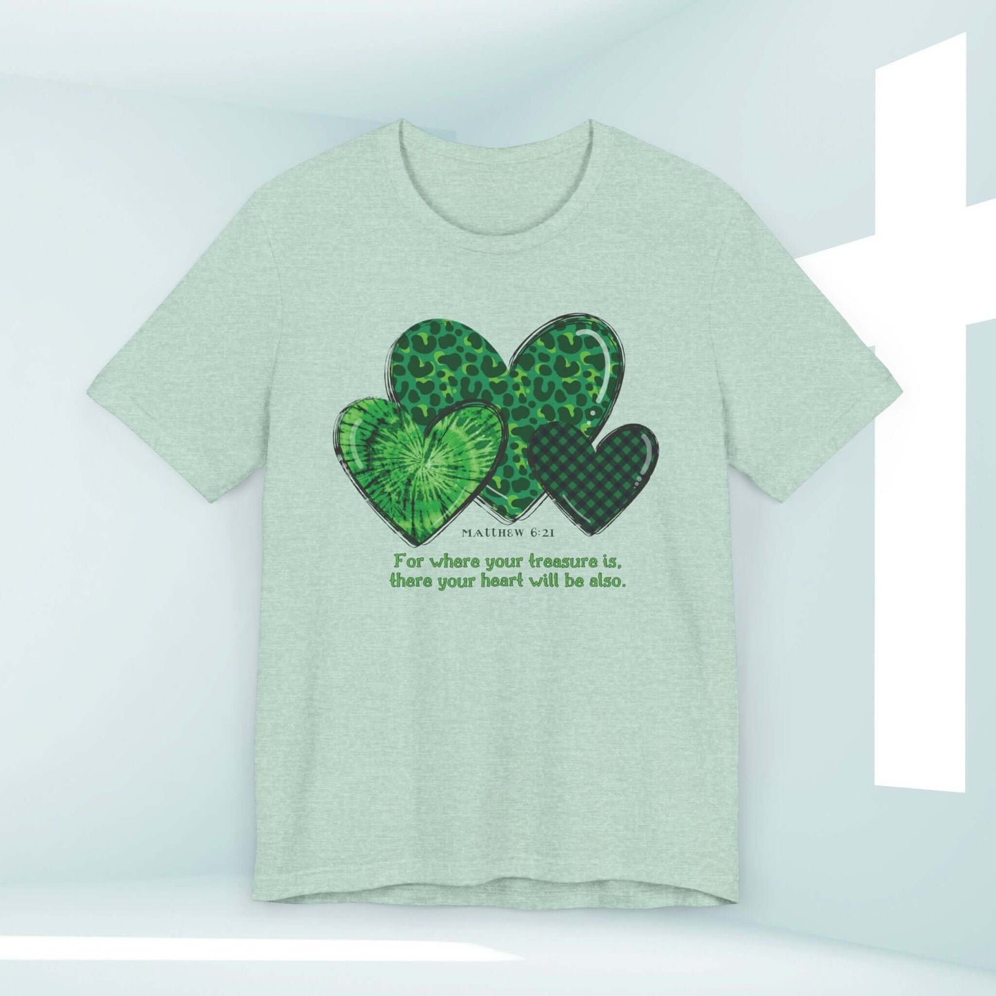 St Patrick's Day shirt with Christian treasure heart design and Bible verse, perfect for St Patty's day, inspirational faith-based tee.