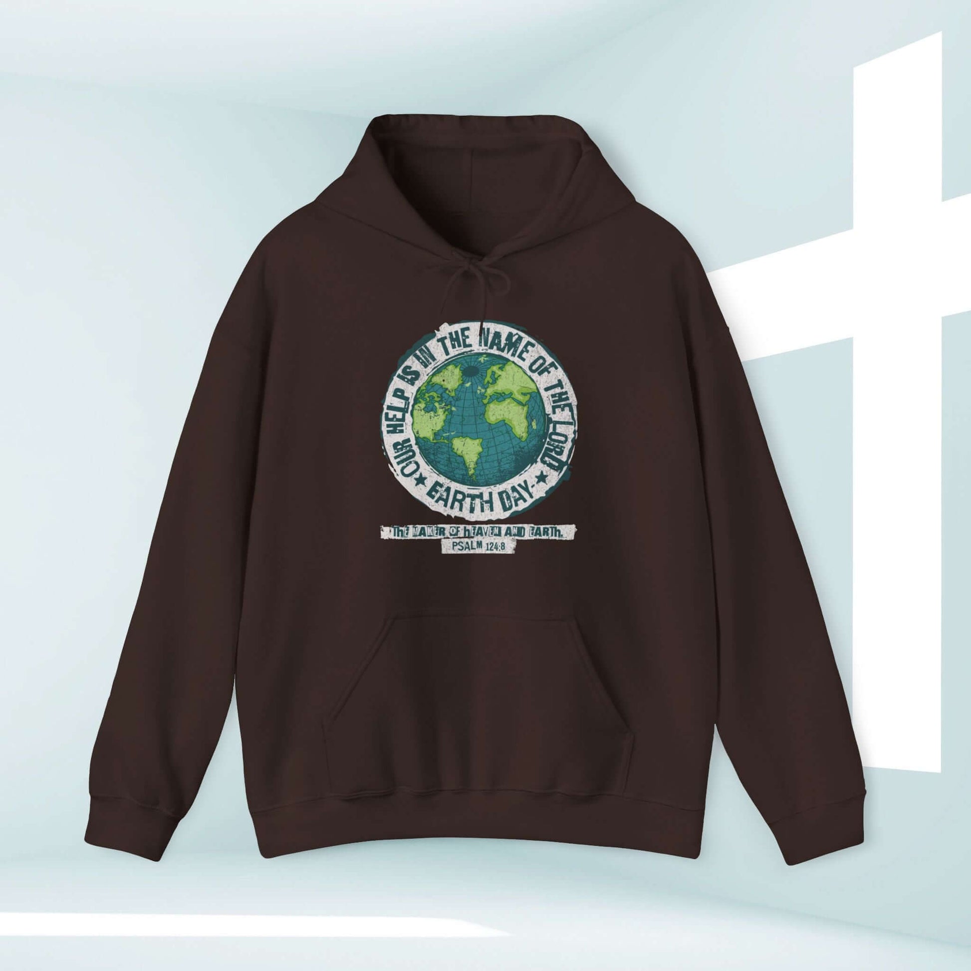 Earth Day Christian hoodie with Bible verse, black pullover hooded sweatshirt for outdoor and religious wear.