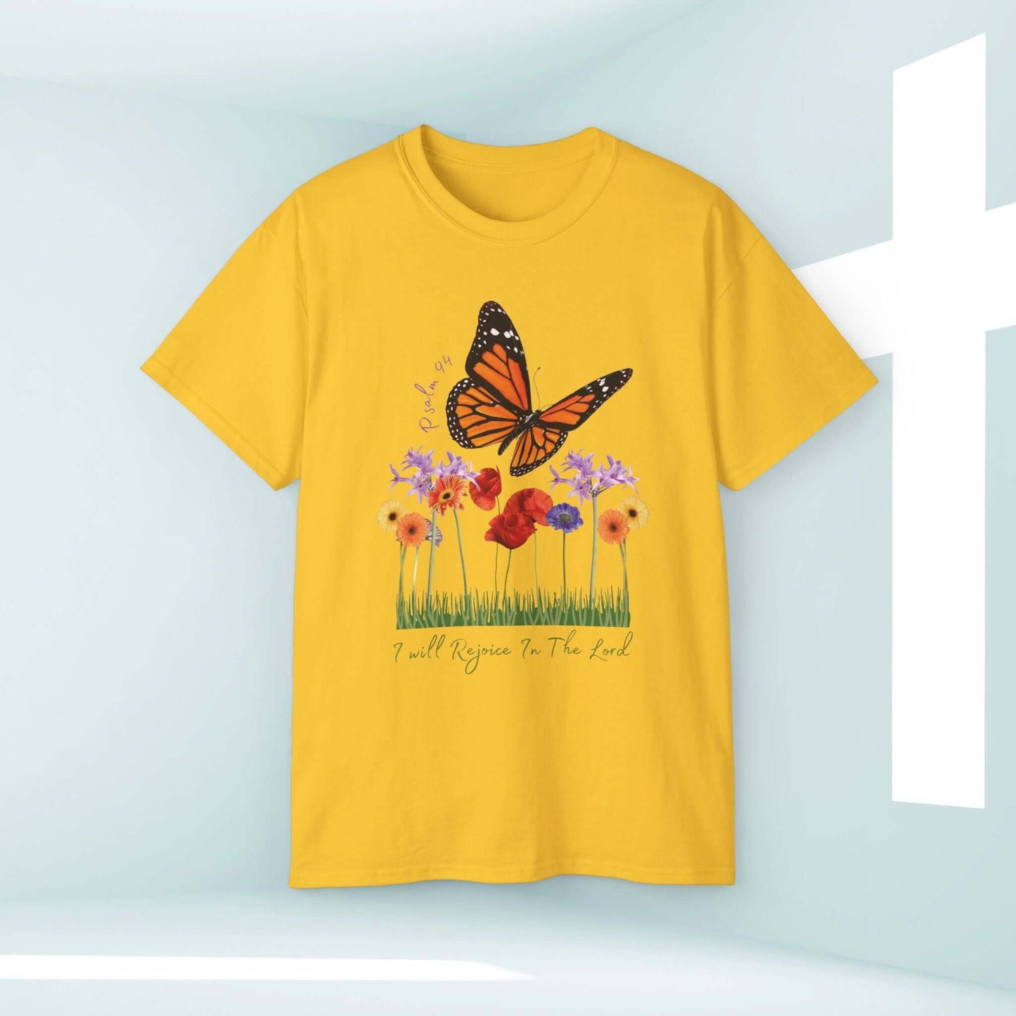 I Will Rejoice In The Lord butterfly floral shirt - bright yellow Christian tee shirt with scripture and butterfly design