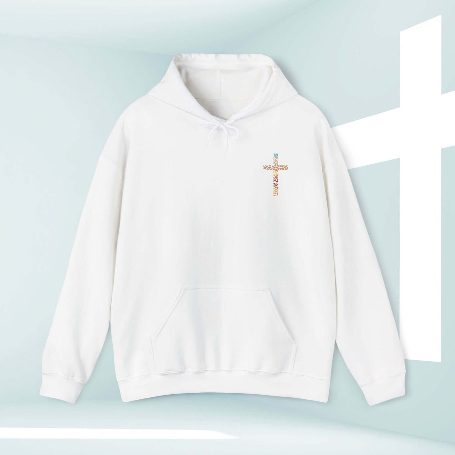 Christian hoodie with cross design, "God Turns Broken Pieces Into Masterpieces," inspirational religious hooded sweatshirt in white.