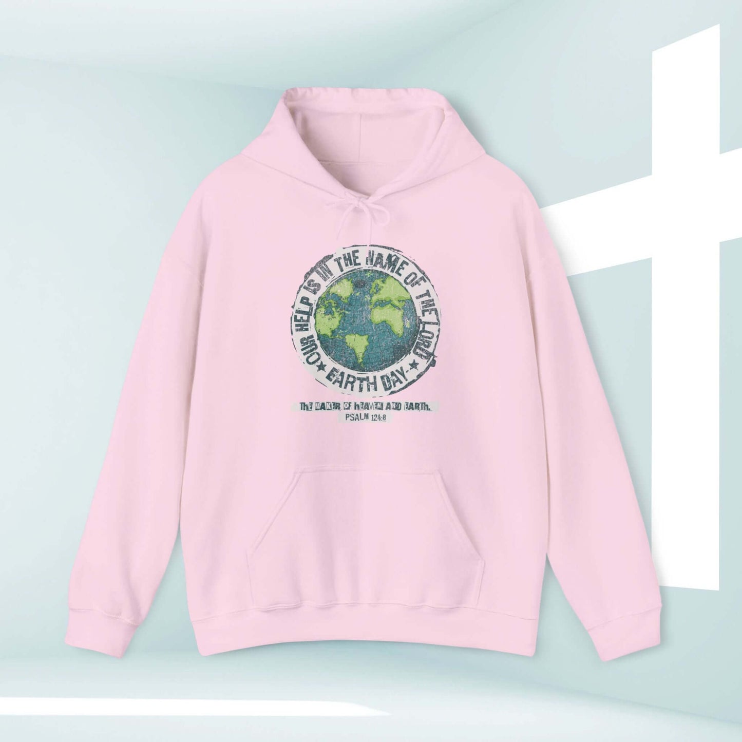 Earth Day Christian hoodie with Bible verse design in pink, promoting faith and environmental awareness.