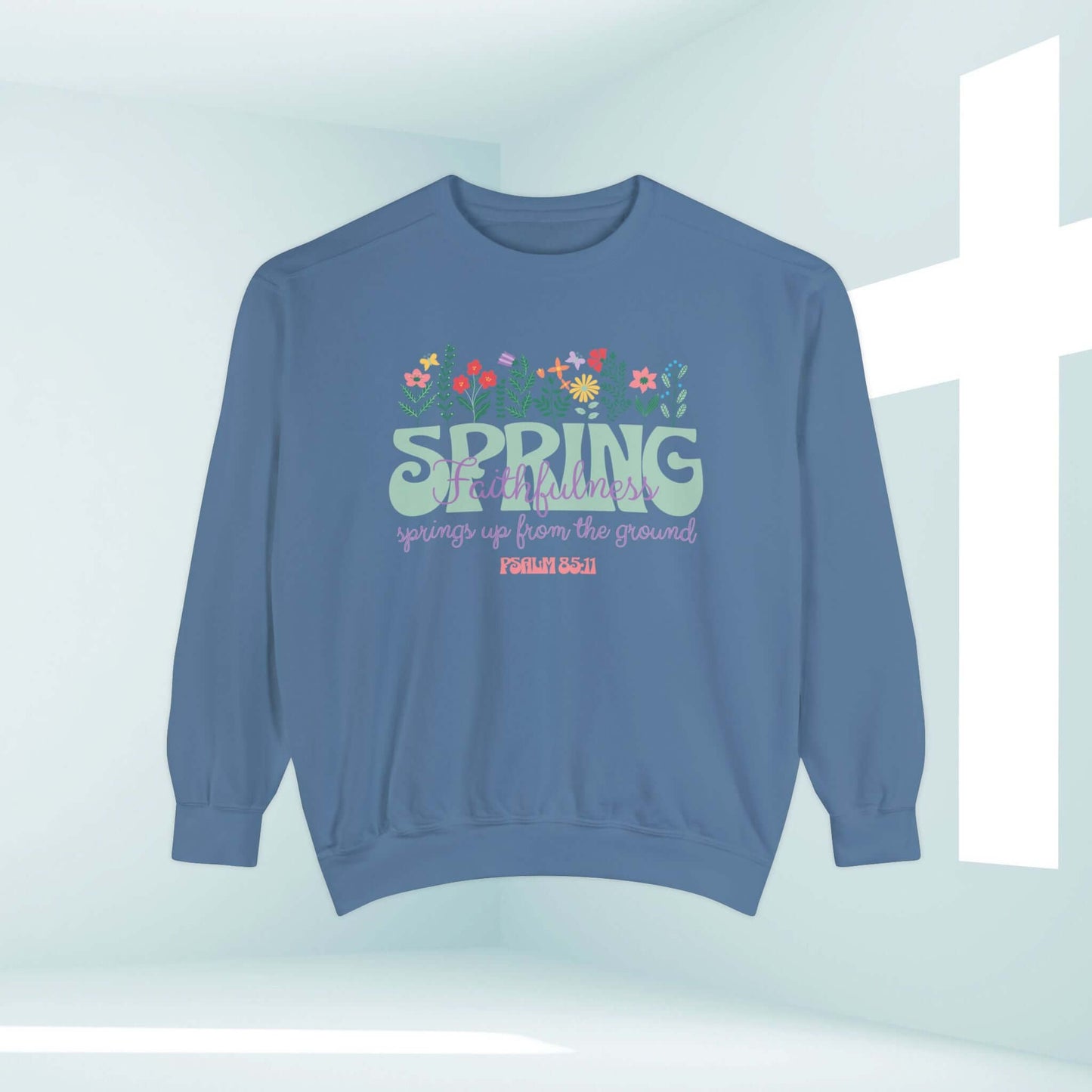 Inspirational Floral Spring Flowers Christian Sweatshirt with Bible Verse, Blue Crewneck Religious Sweatshirt in Light Background