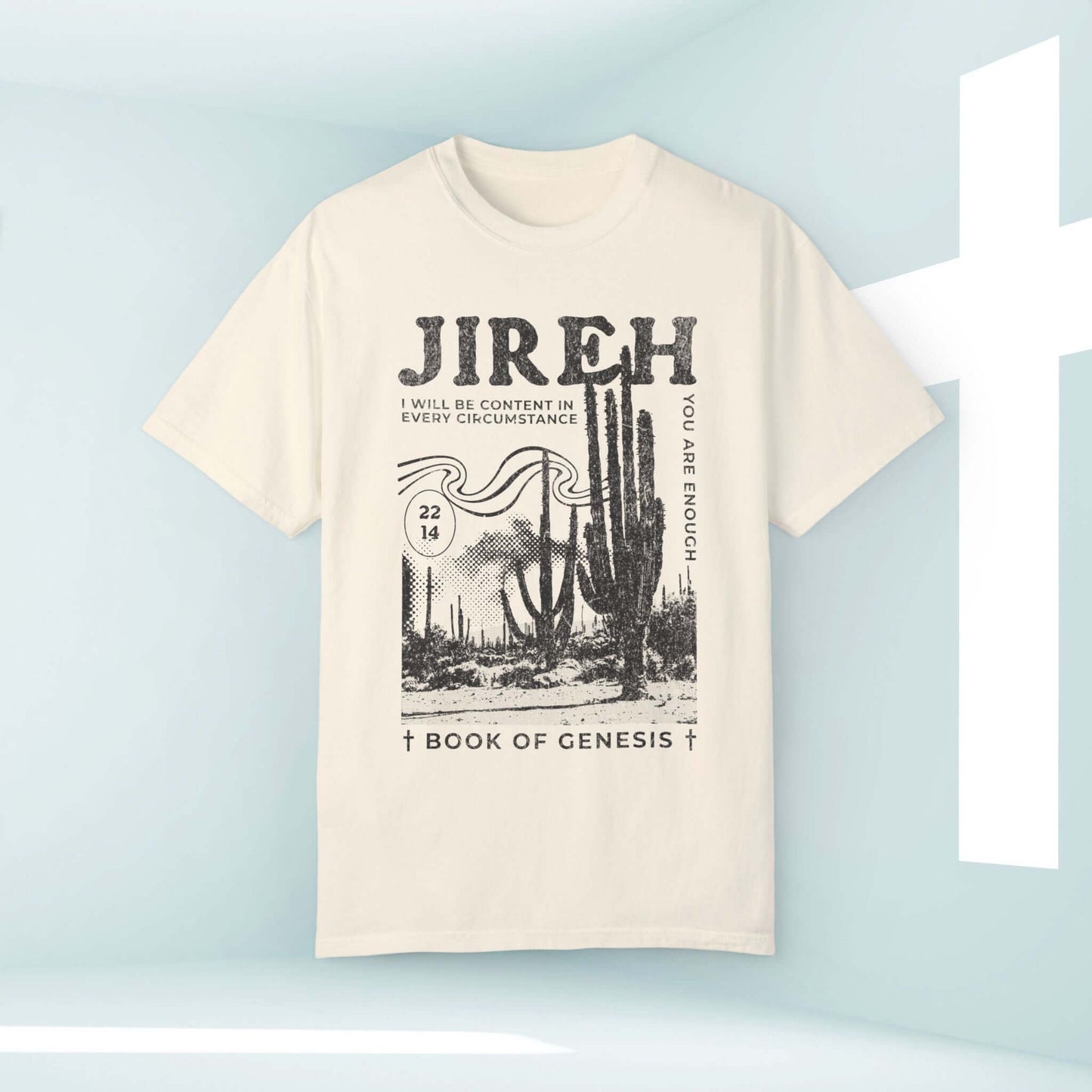 Jireh Christian t-shirt with inspirational cactus graphic and Bible verse from Book of Genesis, trendy faith-based apparel for worship.