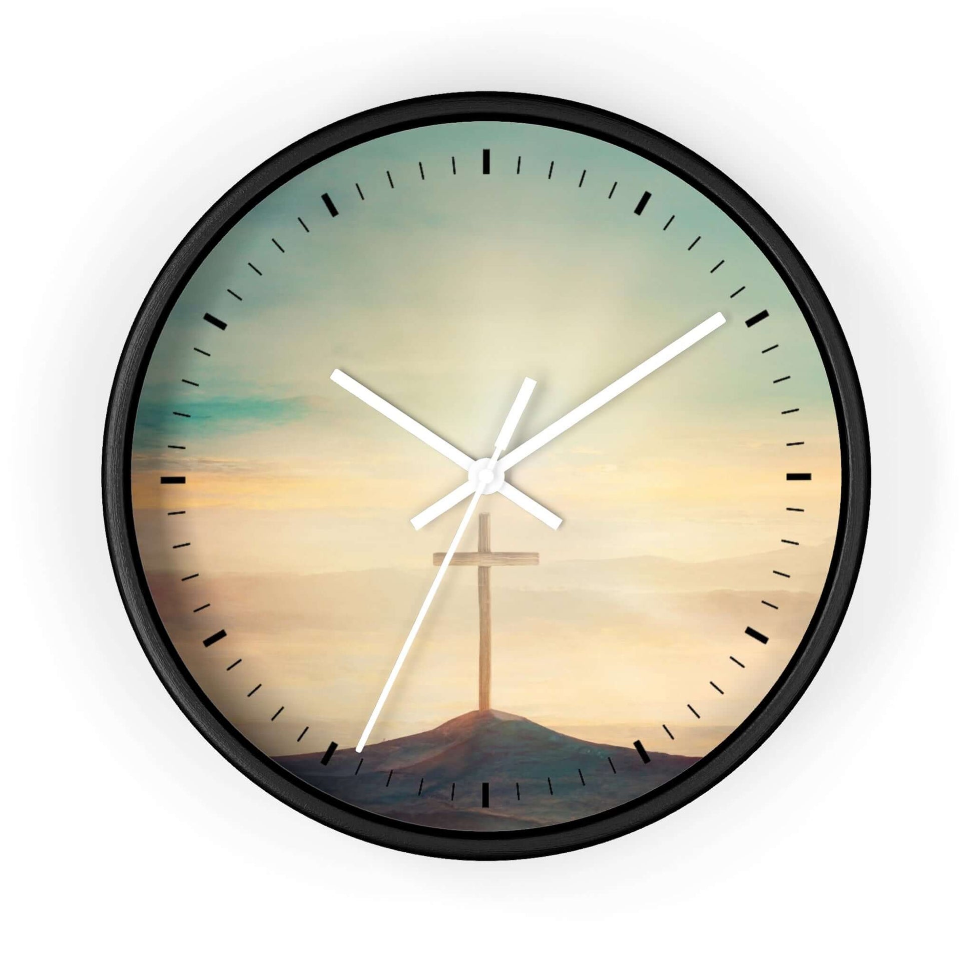 Sky Christian cross wall clock with Psalm 19:1, wooden frame, Plexiglass face, and silent mechanism. Ideal for Christian décor and religious gifts.