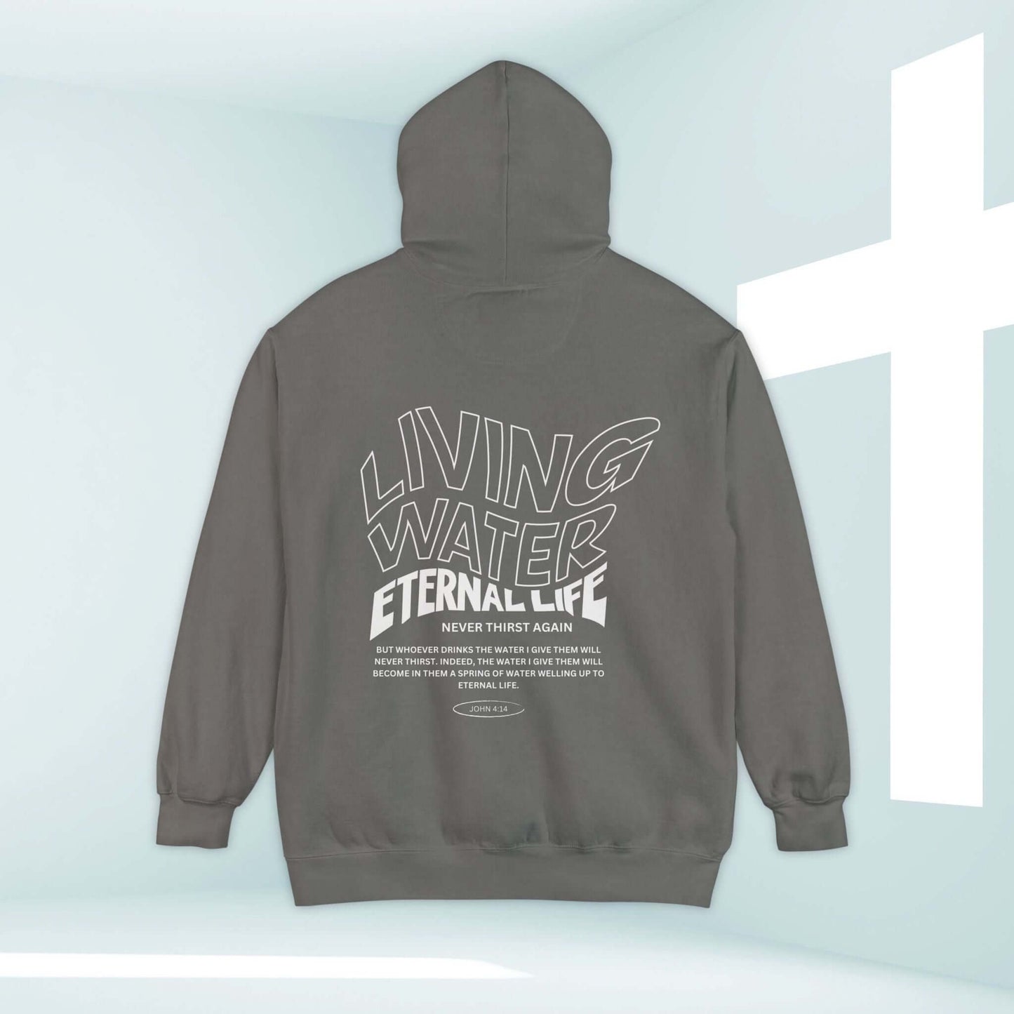 Living Water Eternal Life Christian hoodie with Bible verse in modern design, perfect for expressing faith and beliefs.