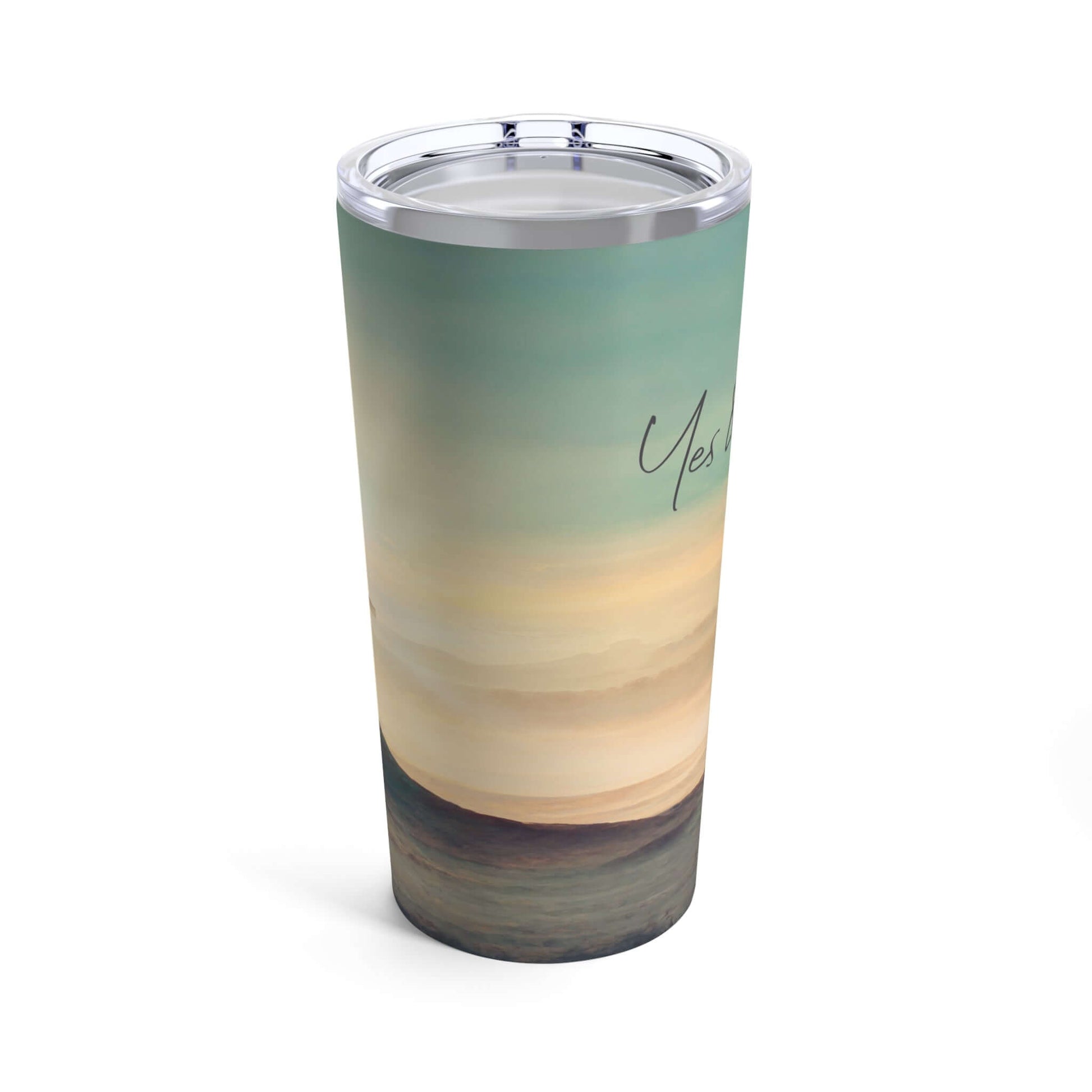 Insulated stainless steel Christian tumbler with cross and sky design, yes amen text, perfect faith-based religious gift, 20 oz water bottle.