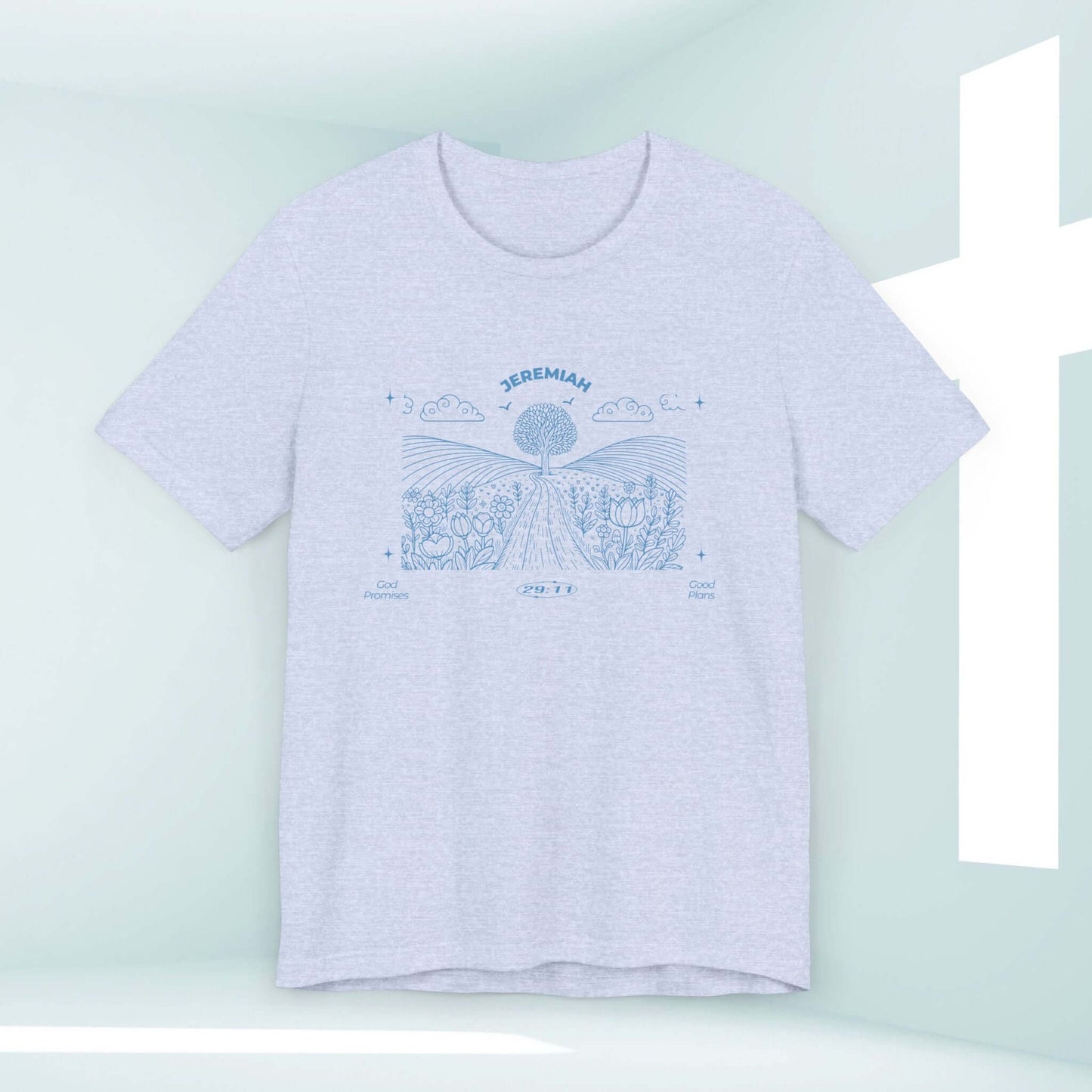 "Christian T-Shirt featuring Jeremiah 29:11 Bible verse, nature-inspired design perfect for camping, mountain adventures, and inspirational faith-based wear"