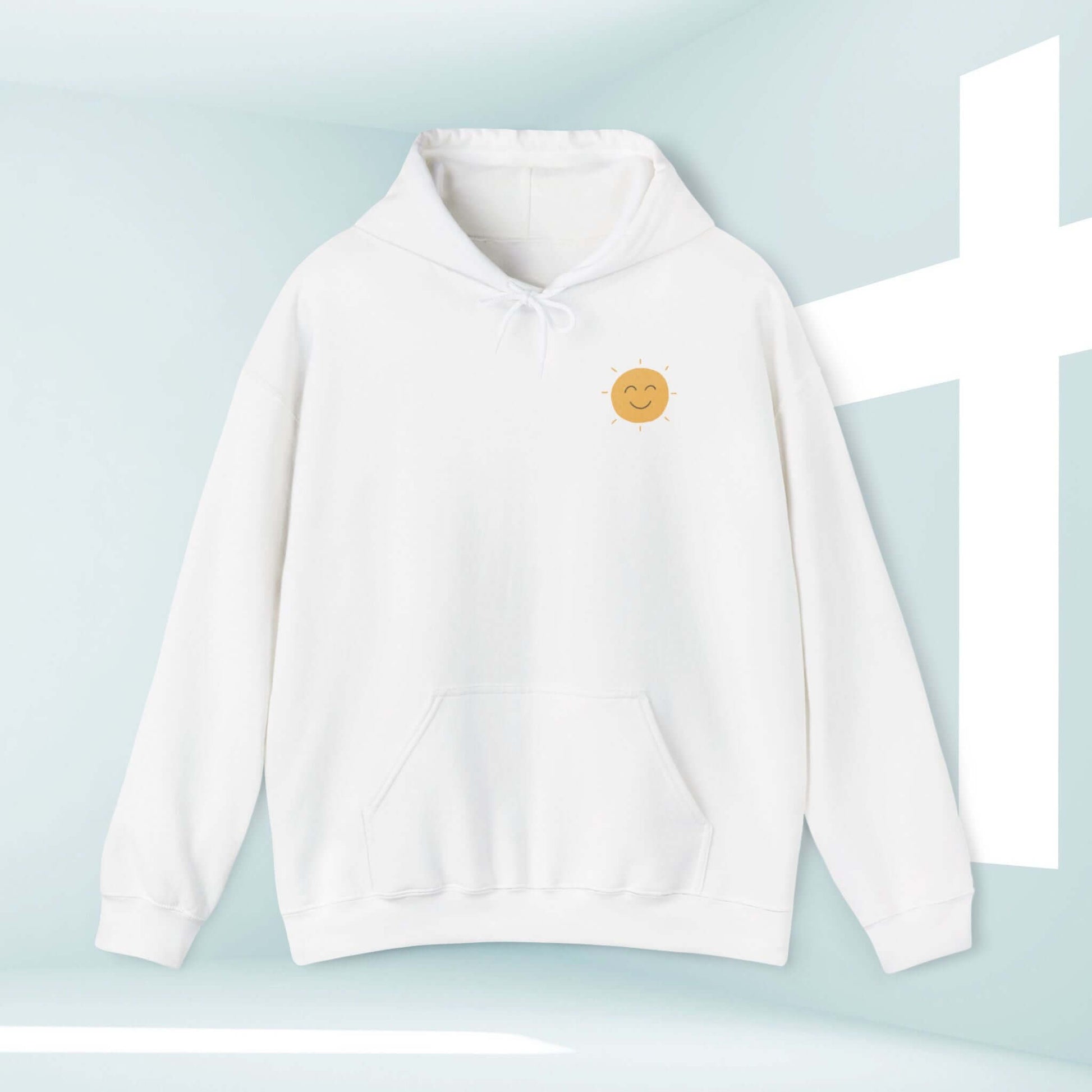 White shine your light Christian boho hoodie with smiley sun and cross background, inspirational faith-based pullover sweatshirt