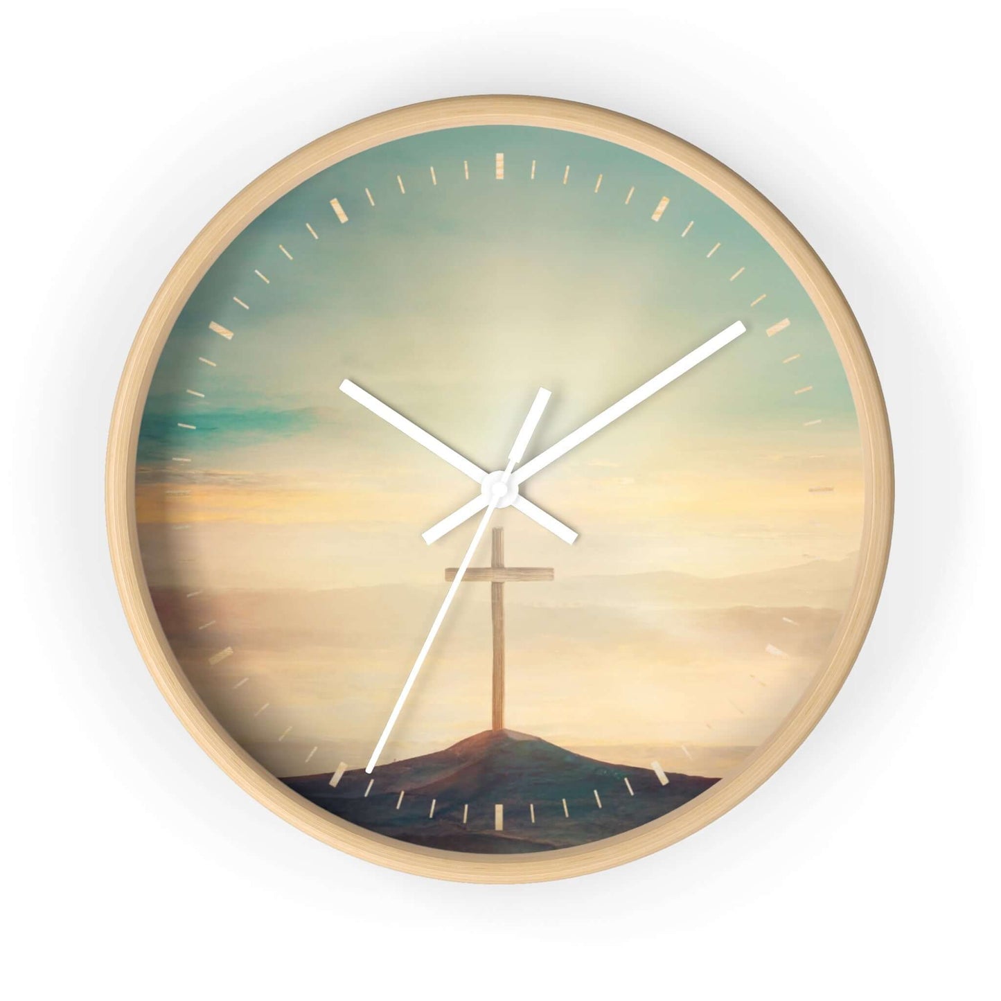 Beautiful Sky Christian Cross Wall Clock with Psalm 19:1, wooden frame, Plexiglass face, silent mechanism, ideal for Christian décor.