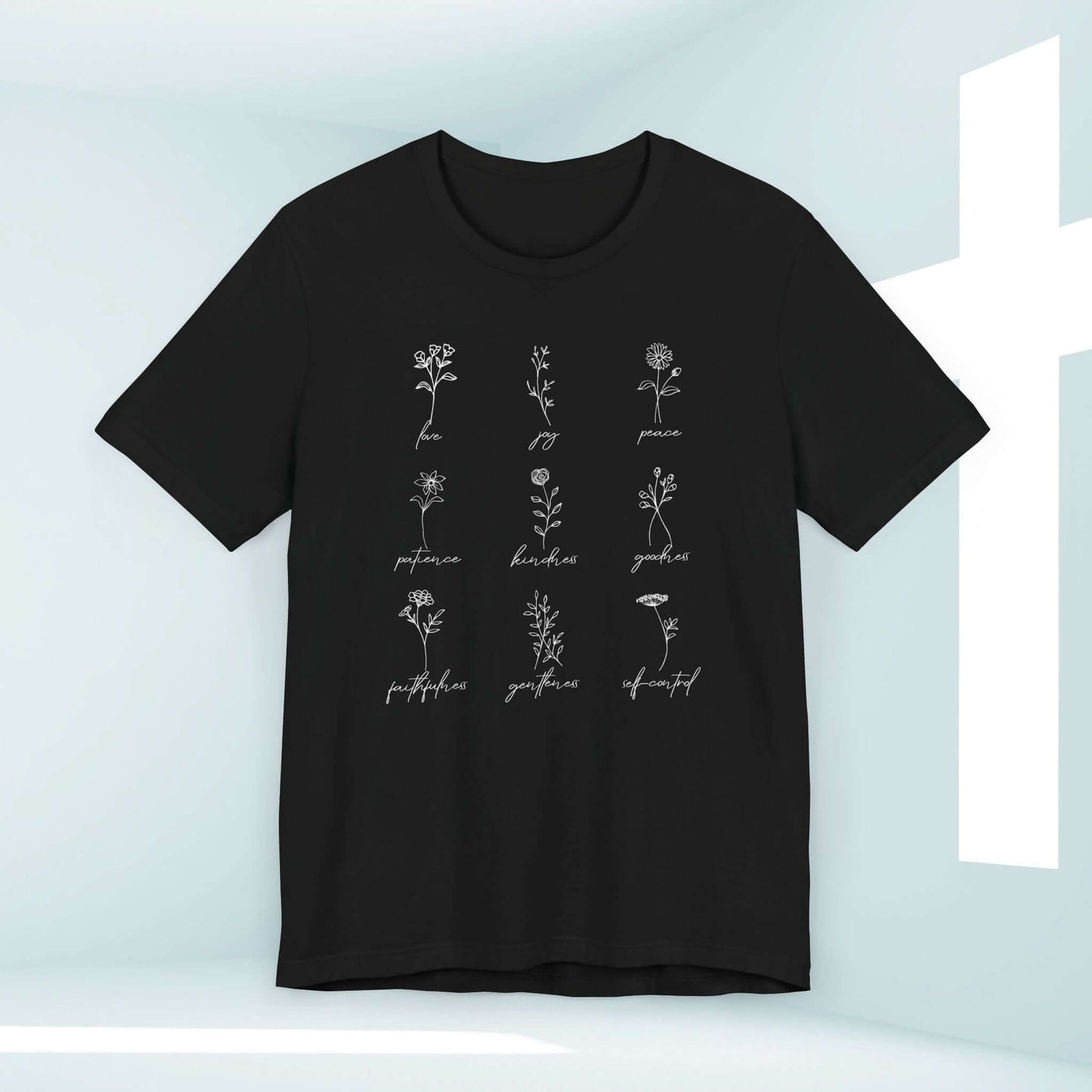 Women's black Fruits Of The Spirit shirt with Christian graphic tee design and Bible verse inspiration symbols.