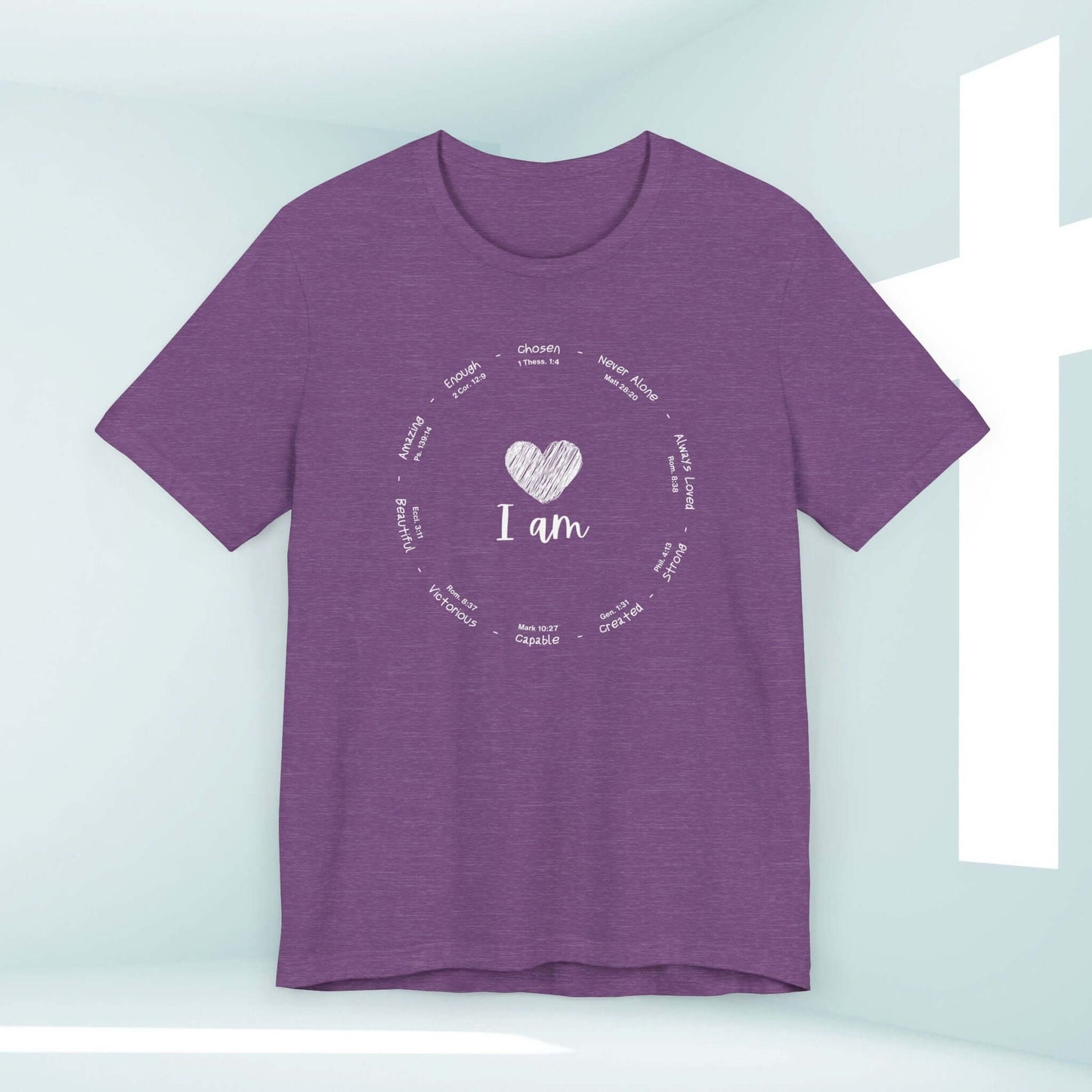 I Am Inspiration Shirt Bible Verse Women's Christian Tee in Purple with Affirmations and Heart Design