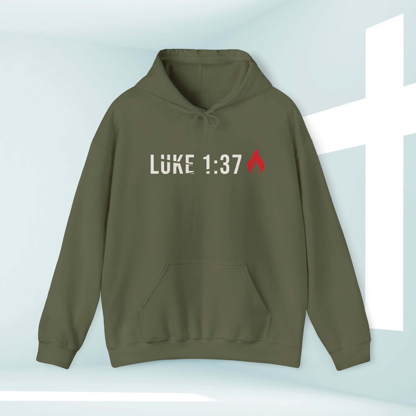 Men's olive green Christian hoodie with Bible verse Luke 1:37 "For with God nothing will be impossible" in a modern design.